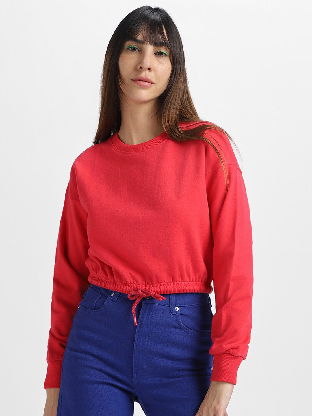 JUNEBERRY Women Red Solid Cotton Fleece Regular Fit Crew Neck Crop Pullover Sweatshirt