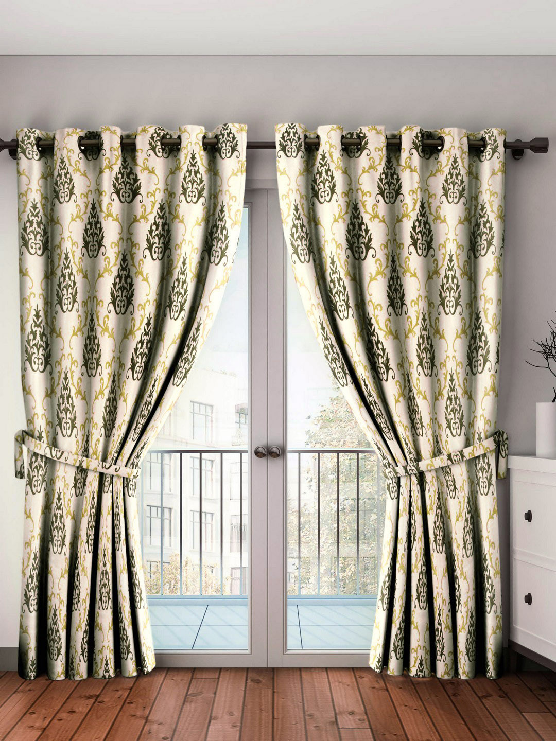 Cortina Green & White Set of 2 Damask Printed Door Curtains