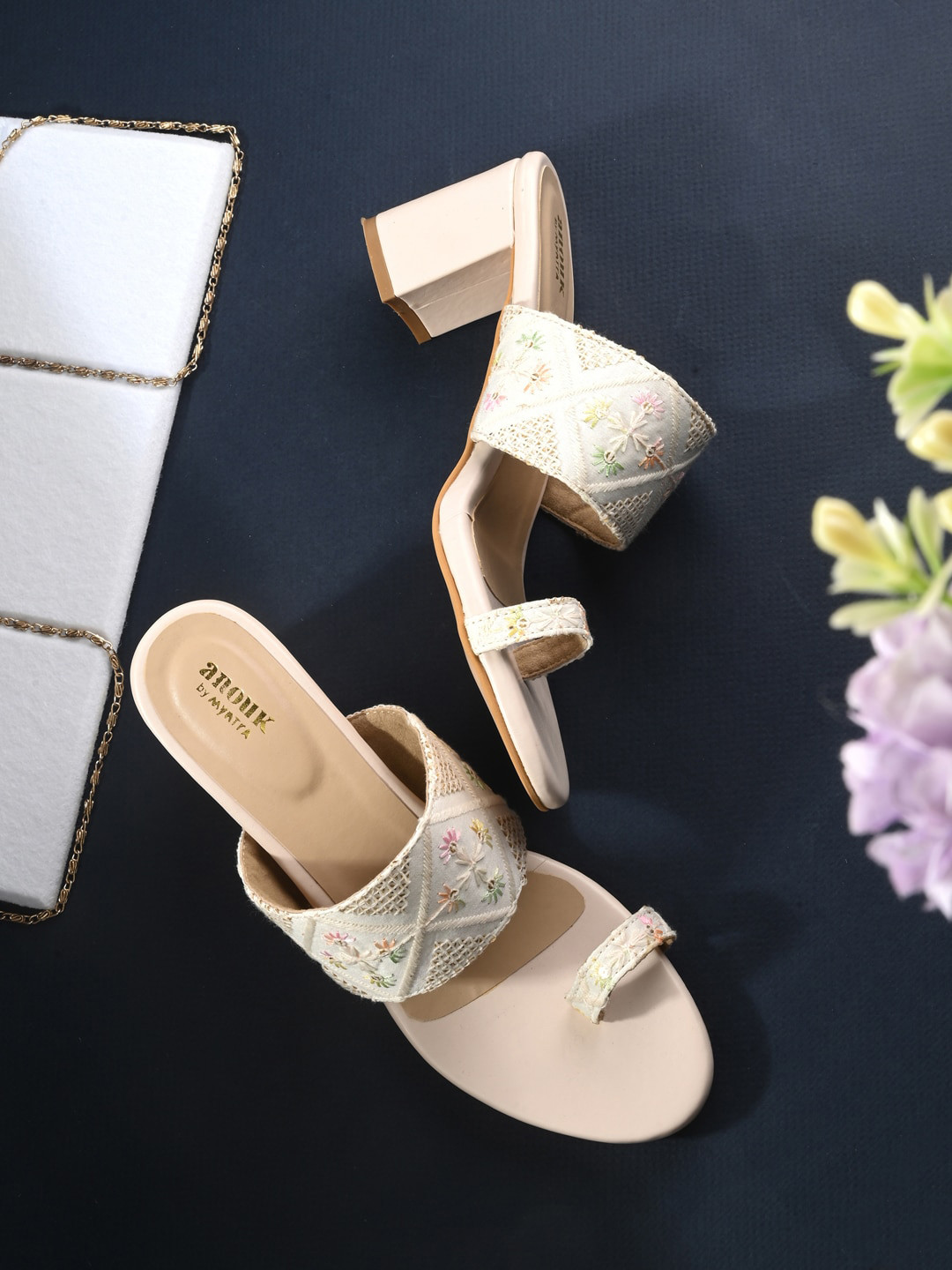 Anouk Off-White Ethnic Embellished One Toe Block Heels