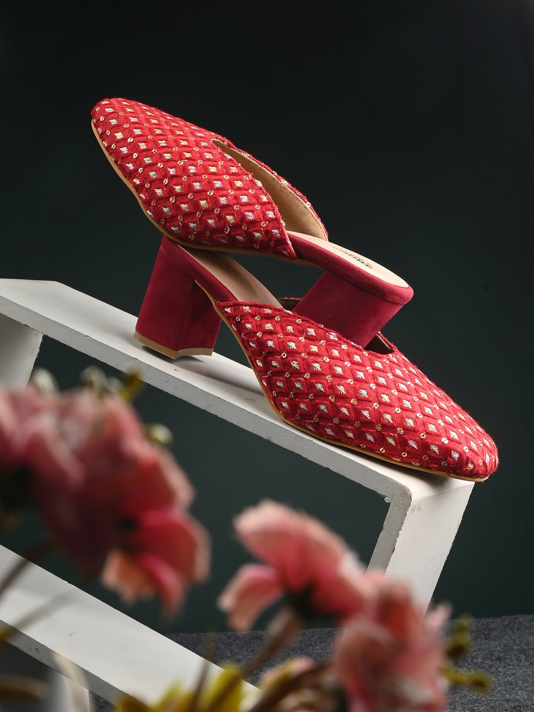 Anouk Maroon Embellished Mesh Ethnic Block Heels