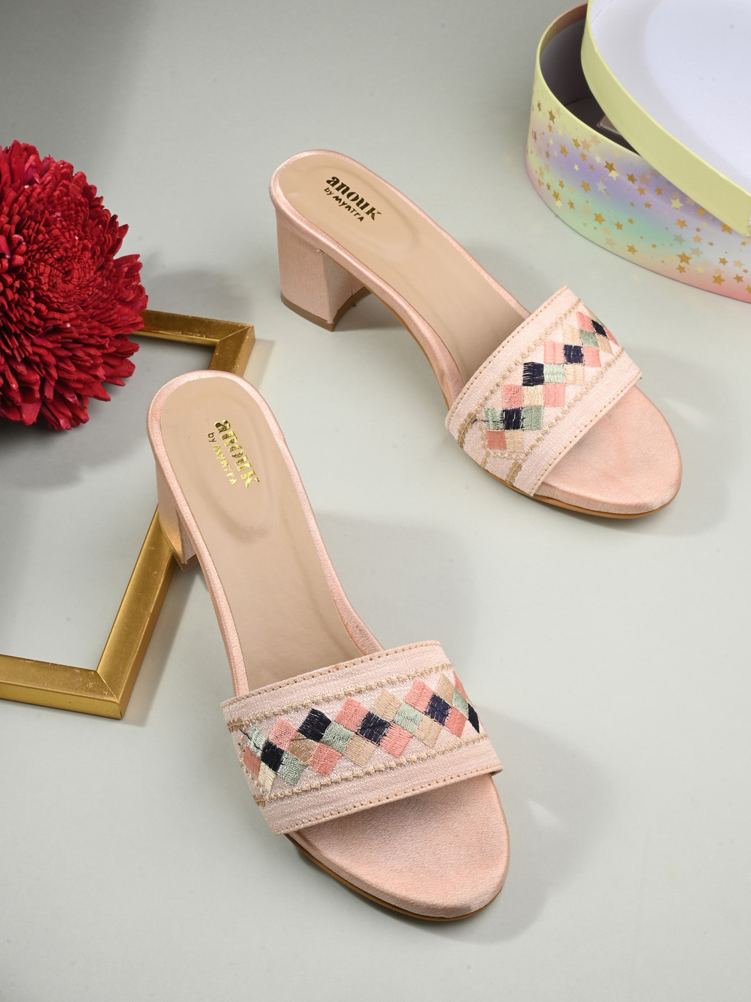 Anouk Peach-Coloured Embellished Mesh Party Block Heels