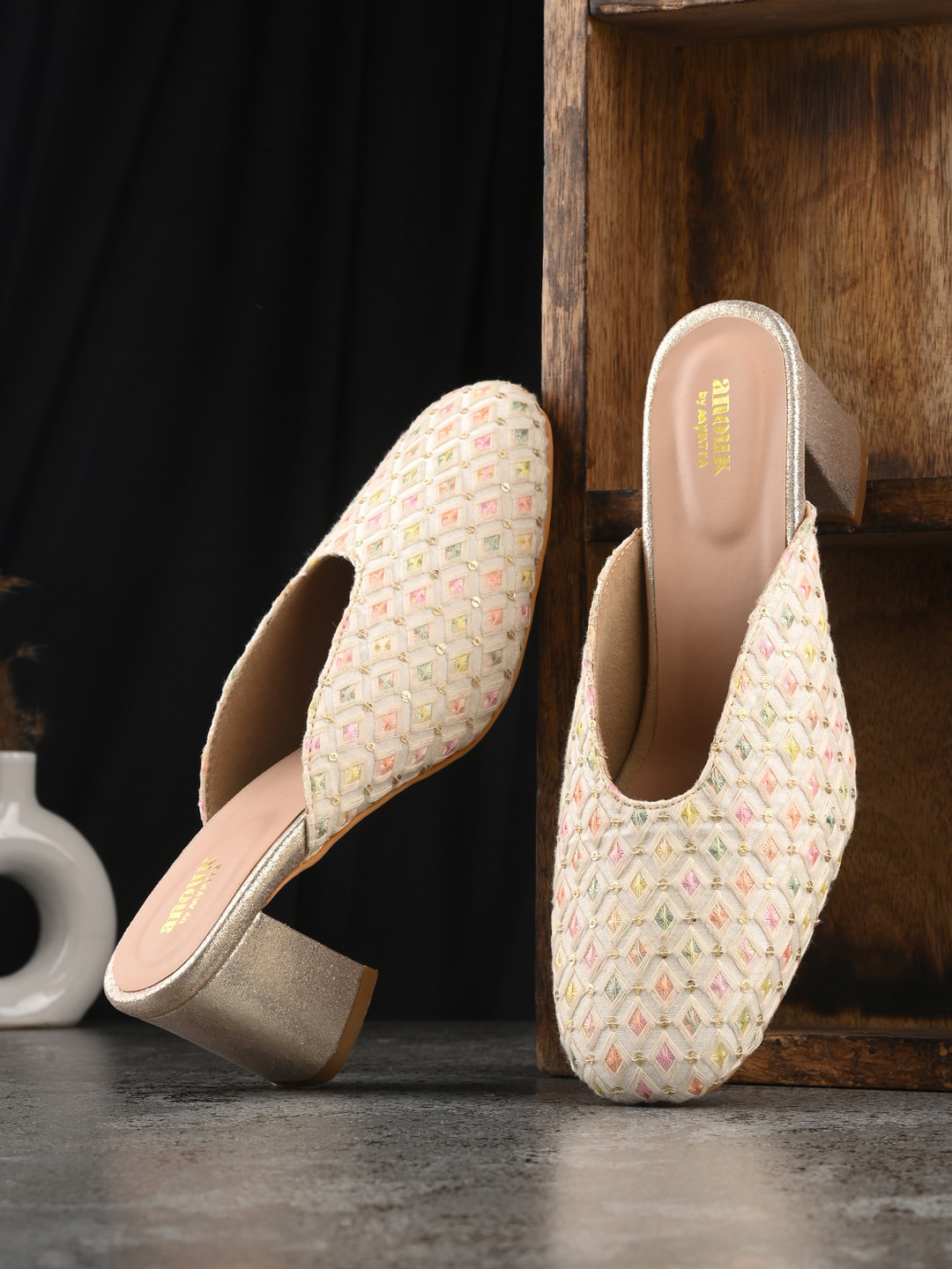 Anouk White Embellished Mesh Ethnic Block Mules