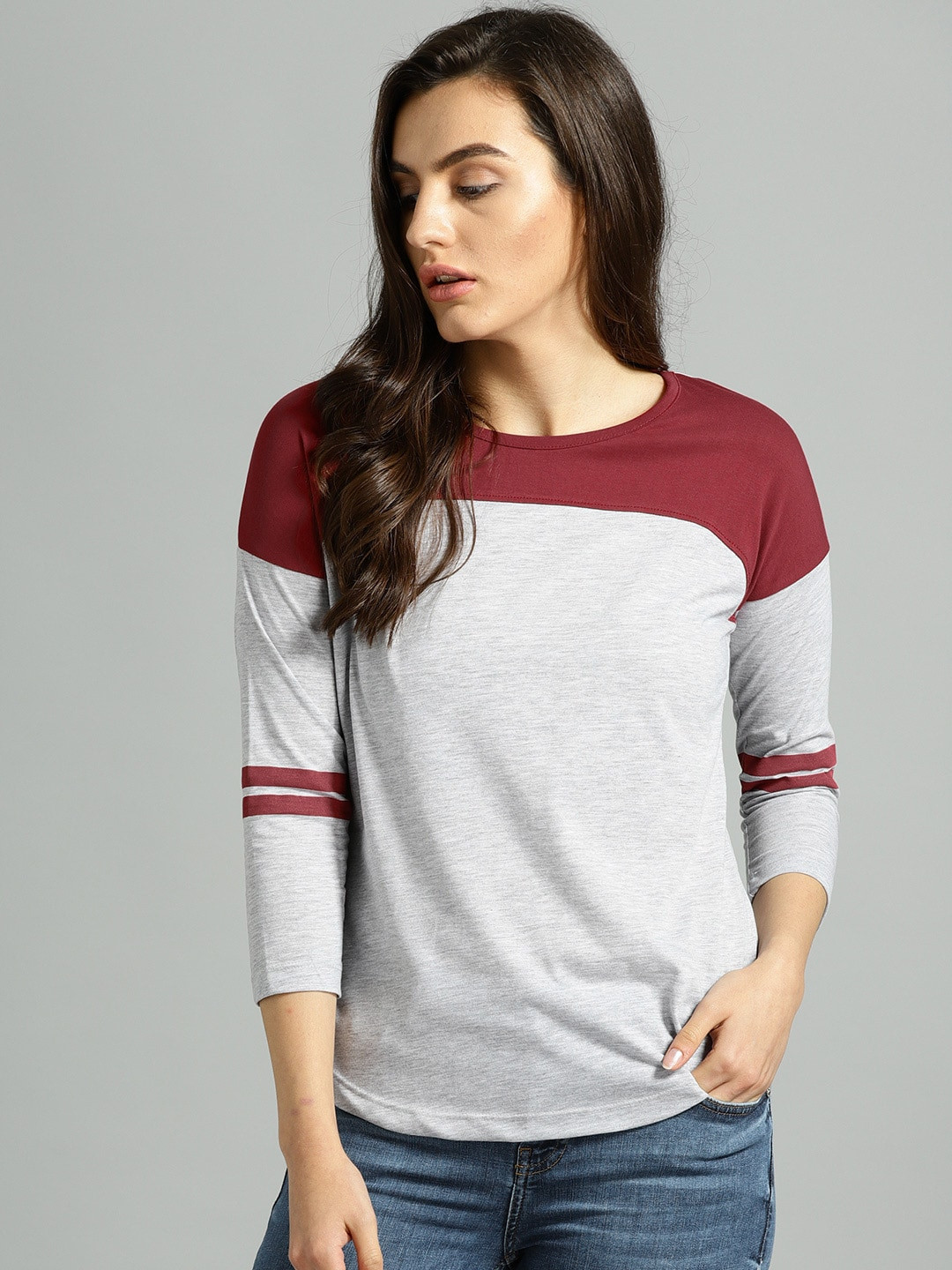 Roadster Women Grey Melange & Maroon Colourblocked Round Neck T-shirt