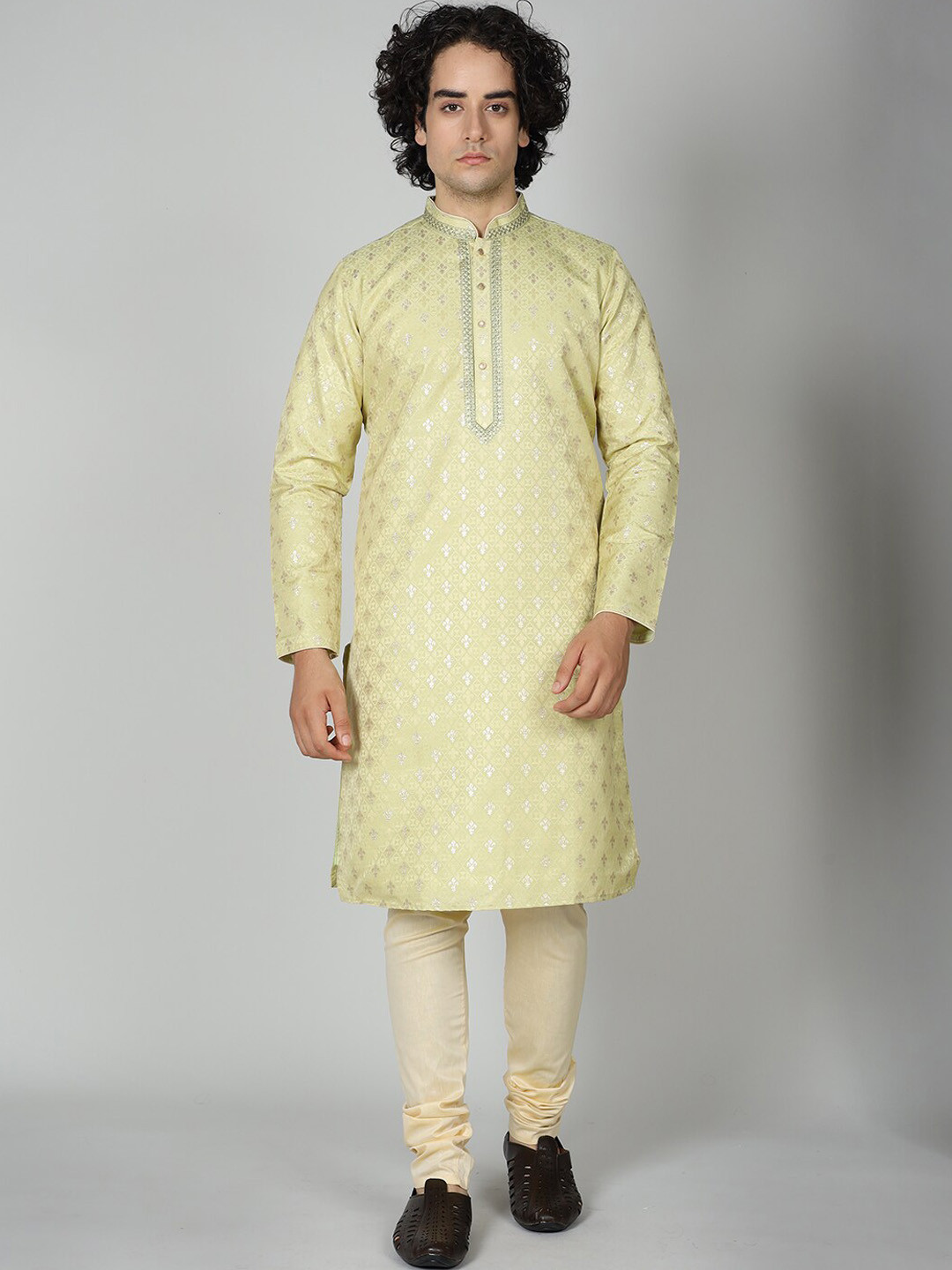 MAAHI FABS Woven design Mandarin Collar Long Sleeves Jacquard Straight Kurta