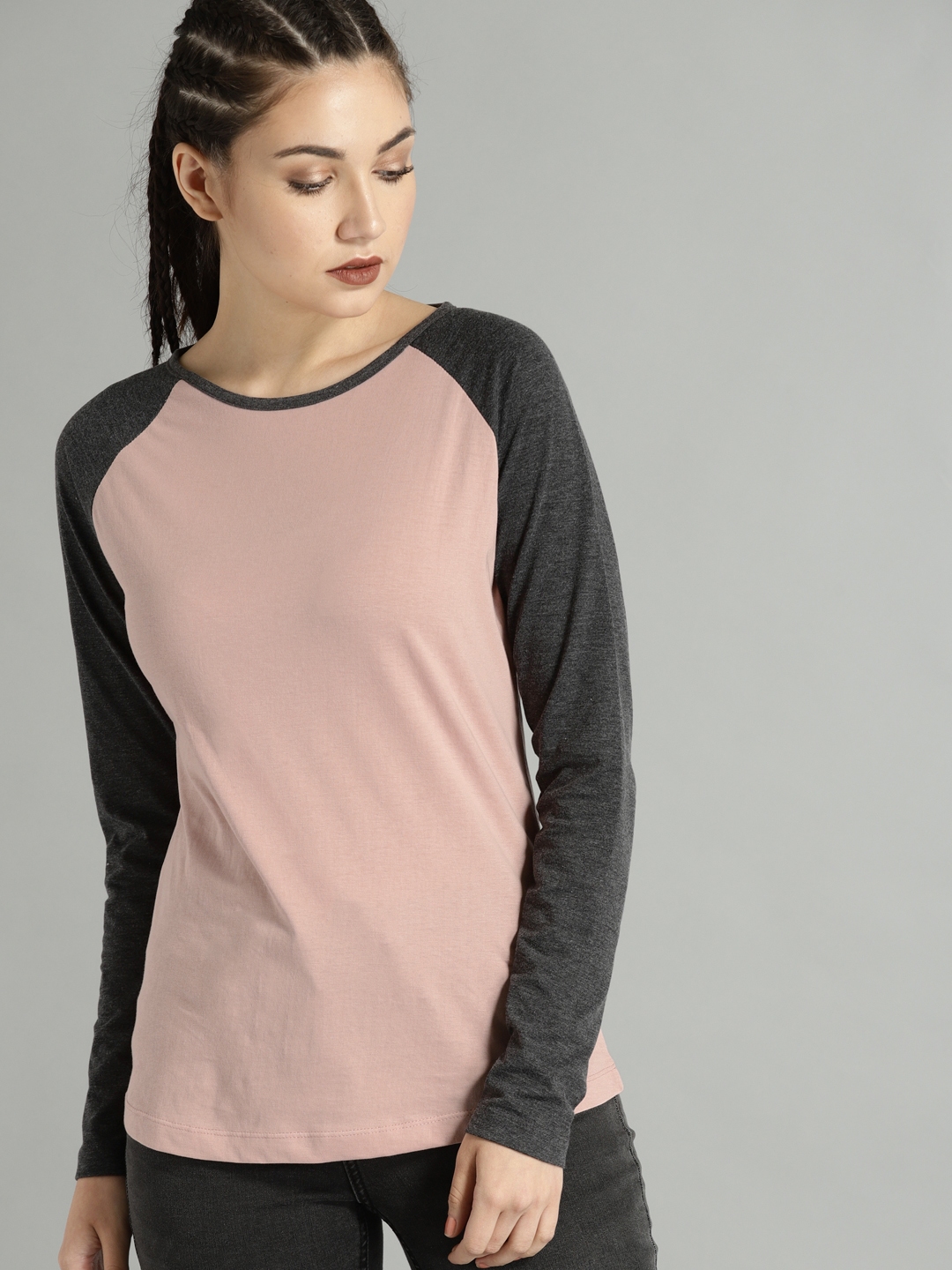 Roadster Women Grey Melange Solid Round Neck Baseball T-shirt (XS) by Myntra