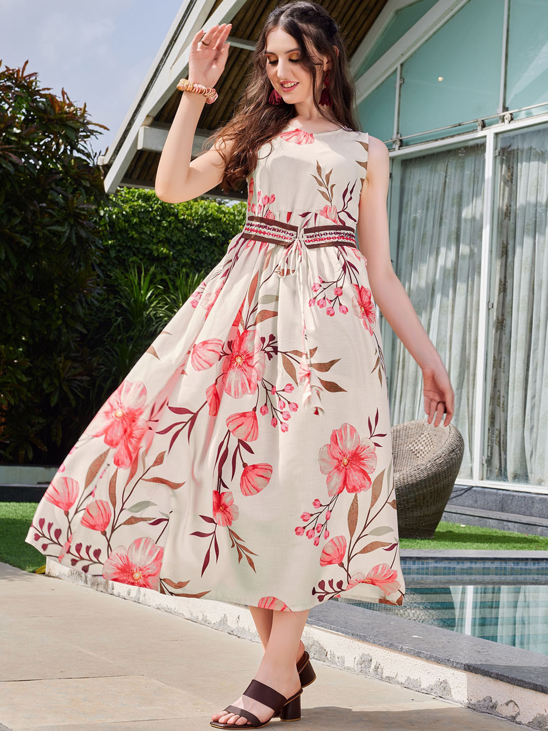 Sangria Floral Printed A-Line Ethnic Dress With Embroidered Attached Blet