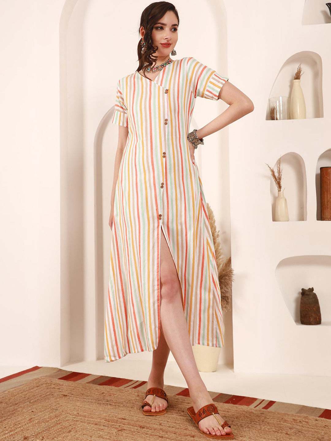 Sangria Striped A Line Ethnic Dresses