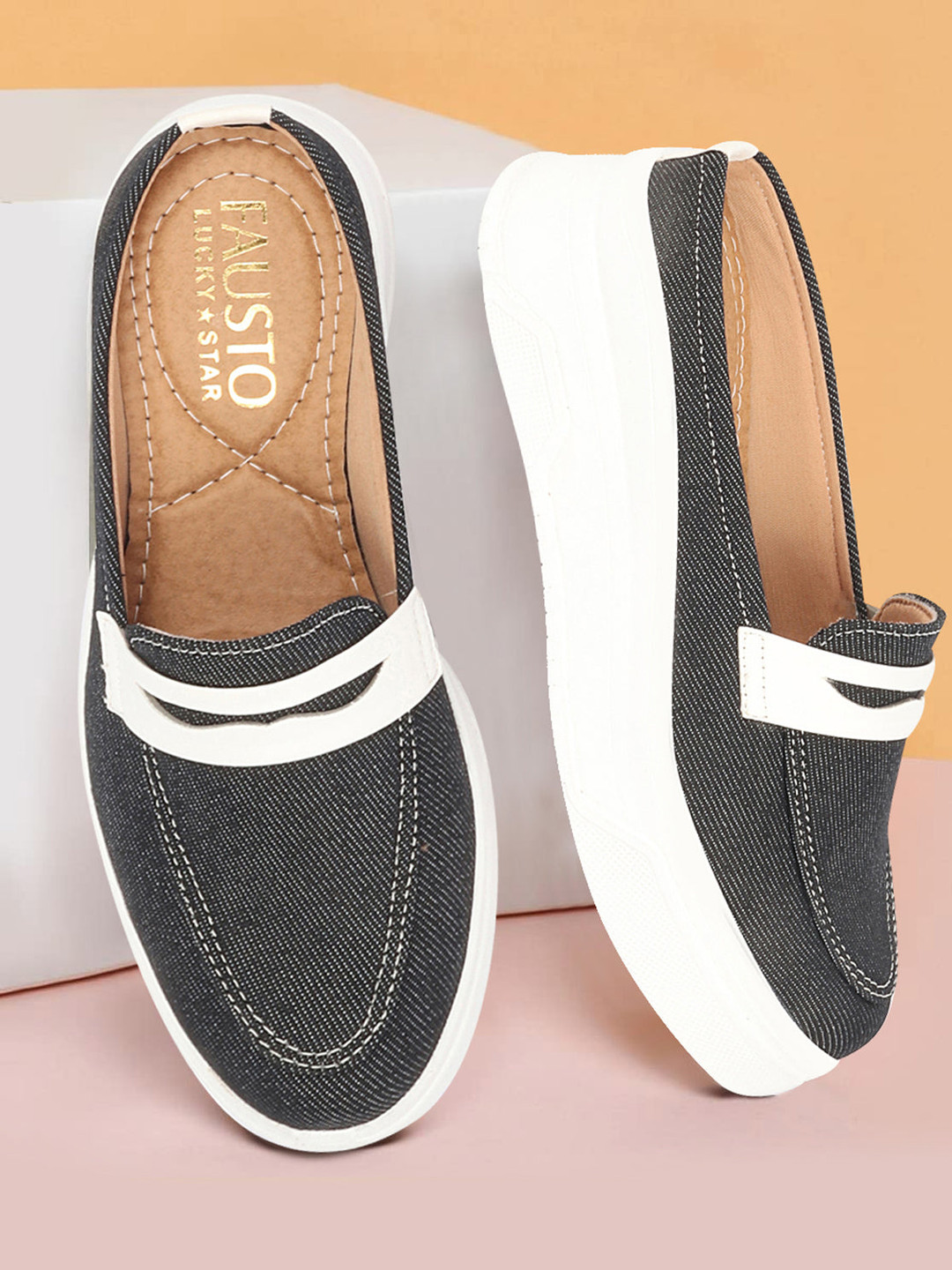 FAUSTO Women Stitched Denim Lightweight Open Back Loafers