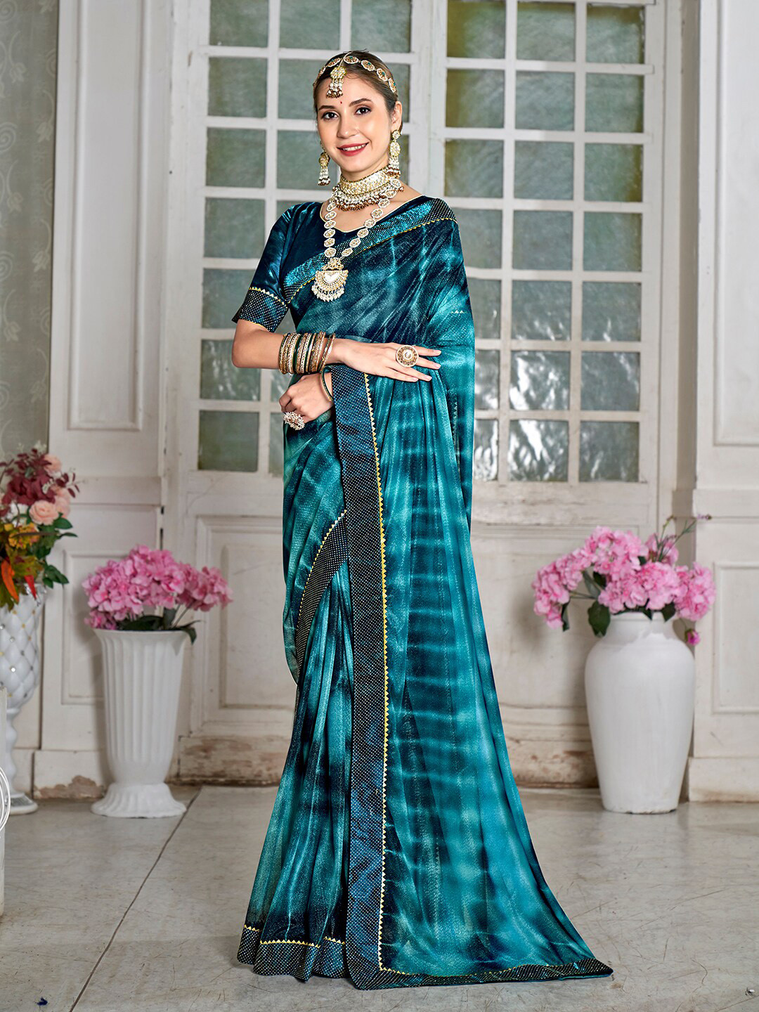 Anouk Rustic Blue & Gold-Toned Abstract Printed Gotta Patti Saree