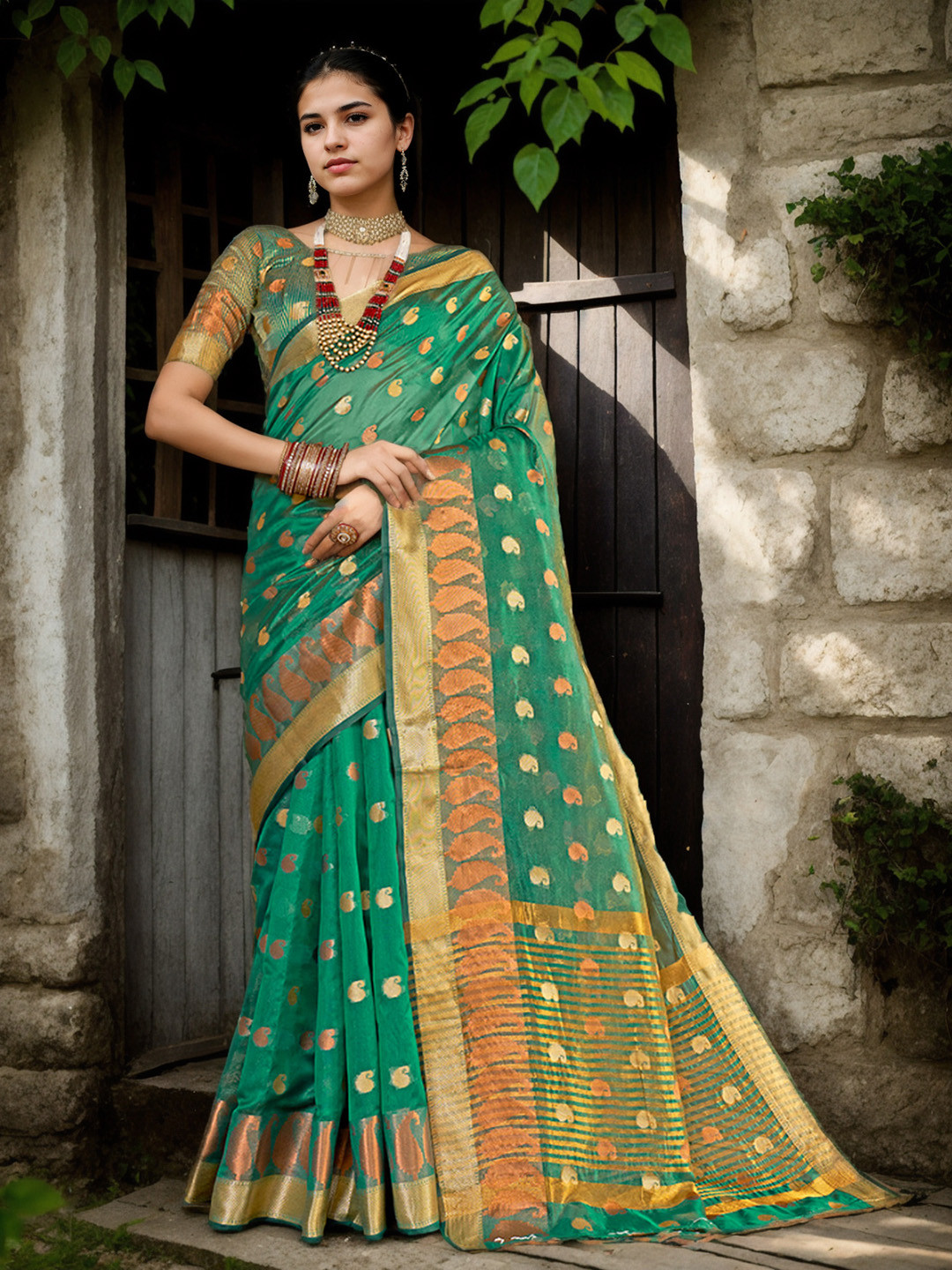 Anouk Turquoise Blue Paisley Woven Design Zari Detailed Organza Saree