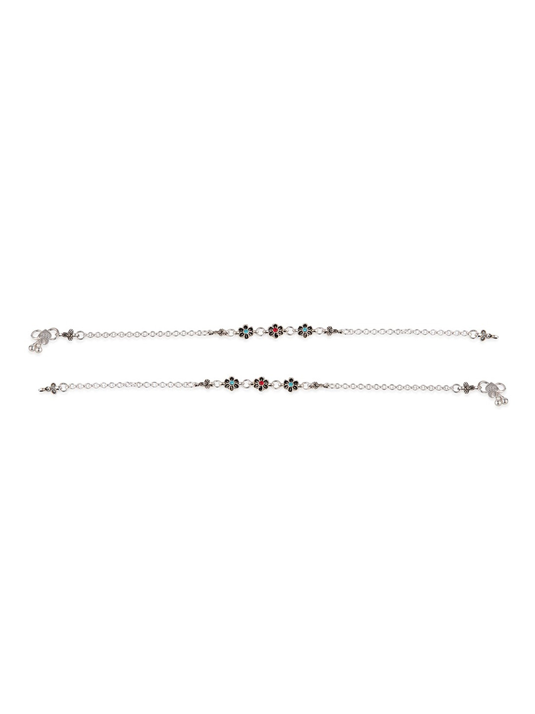 Priyaasi Set Of 2 Silver-Plated Minimal Flower Charm Anklets