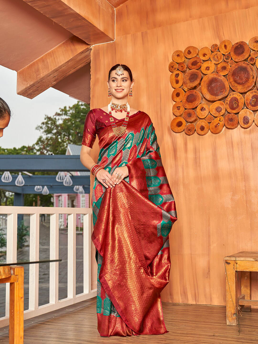 Anouk Rustic  Red & Green Ethnic Motifs Woven Design Zari Kanjeevaram Saree
