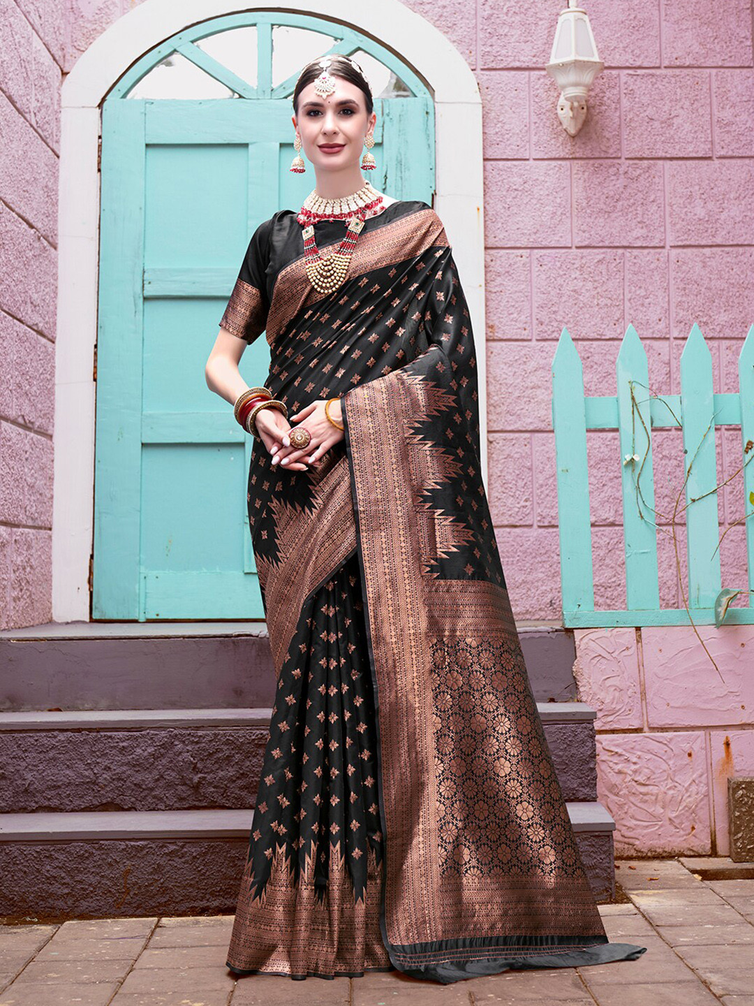 Anouk Rustic  Black & Copper-Toned Ethnic Motifs Woven Design Zari Saree