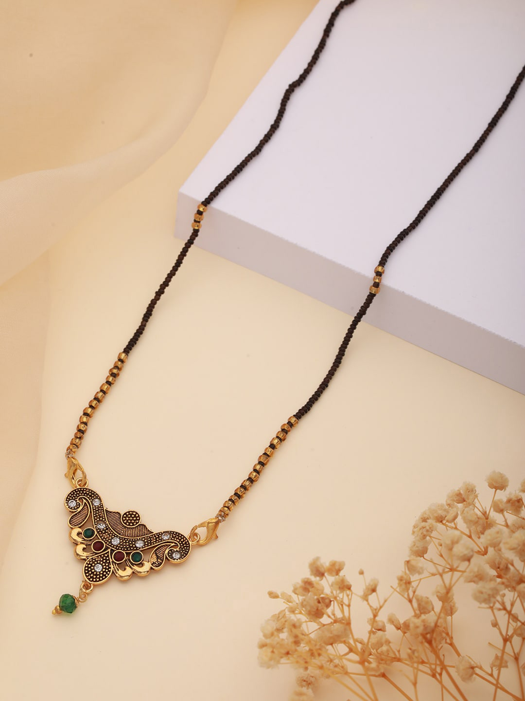 Aadvik Designs Gold-Plated Stone Studded & Beaded Chain Mangalsutra