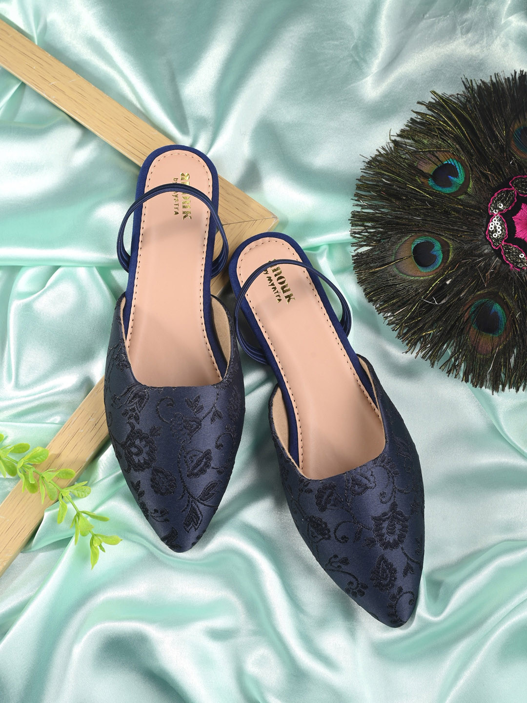 Anouk Navy Blue Embroidered Slingback Flats