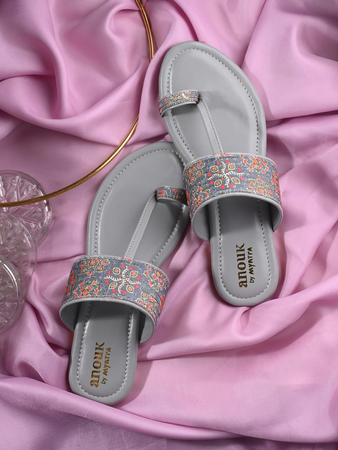 Anouk Grey & Pink Ethnic Printed Fabric One Toe Flats