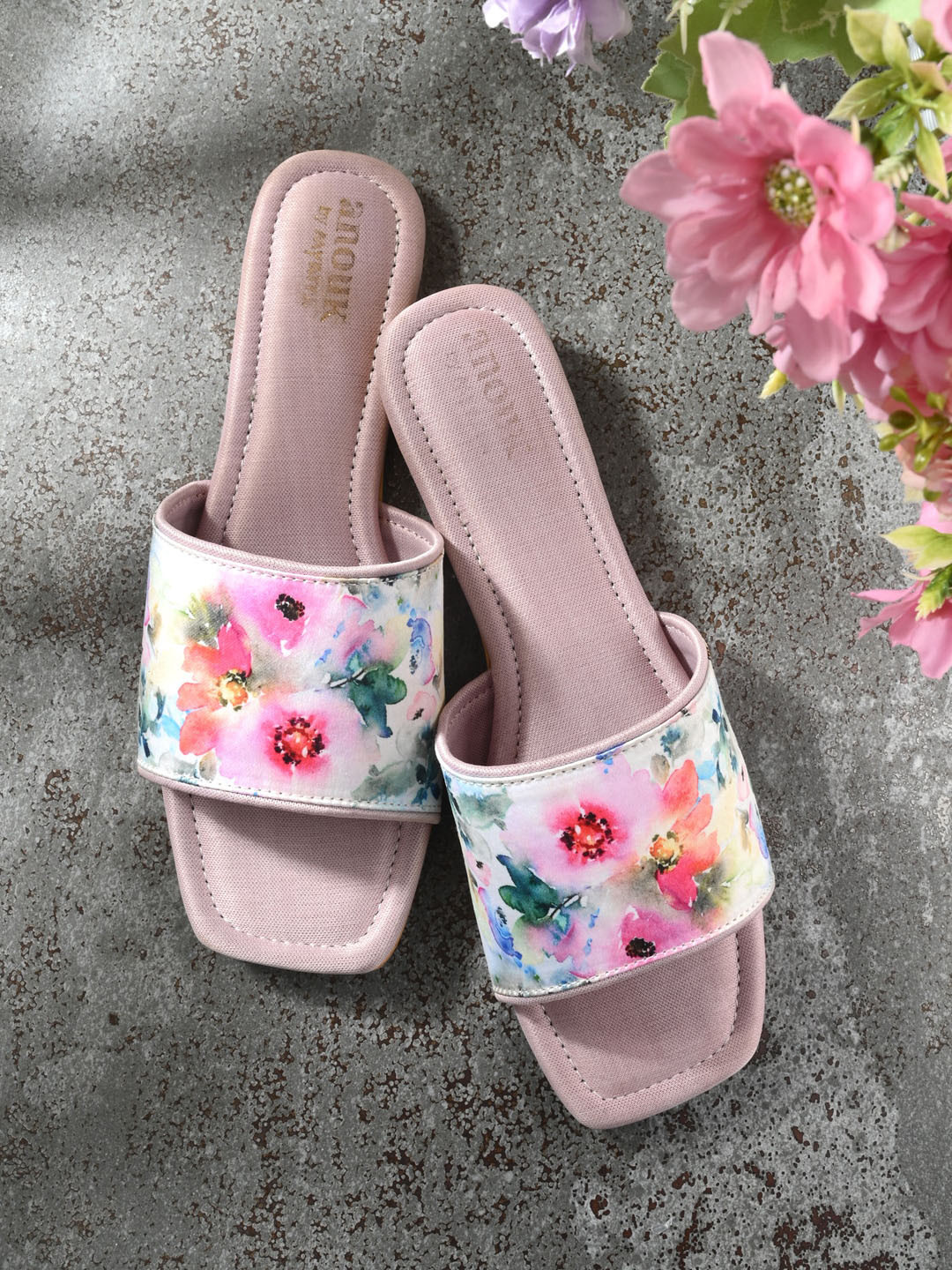 Anouk White & Pink Floral Printed Fabric Open Toe Flats