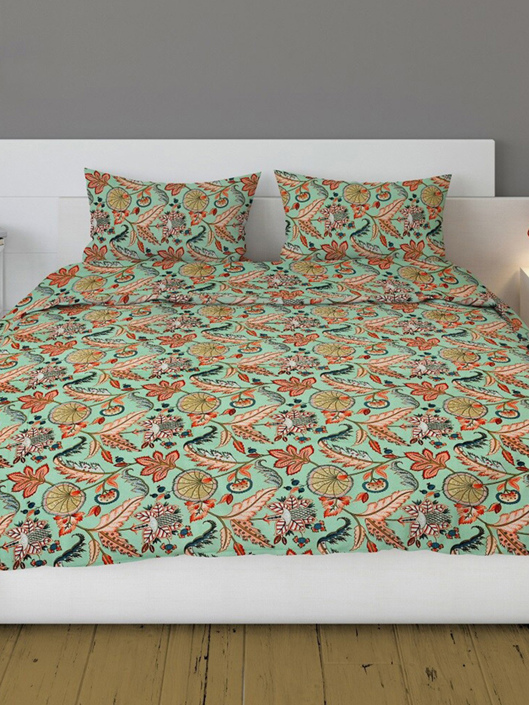 RRC Jaipuri Green Ethnic Motifs Cotton 180 TC King Fine Bedsheet with 2 Pillow Covers-108 x 108 inches