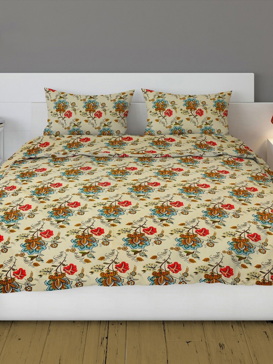 RRC Jaipuri Cream Floral Cotton 152 TC King Fine Bedsheet with 2 Pillow Covers-108 x 108 inches