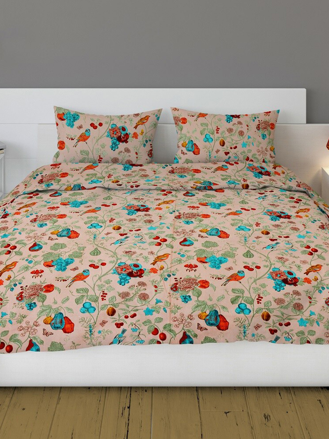 RRC Jaipuri Turquoise Blue Floral Cotton Skin-Friendly 180 TC King Fine Bedsheet with 2 Pillow Covers-108 x 108 inches