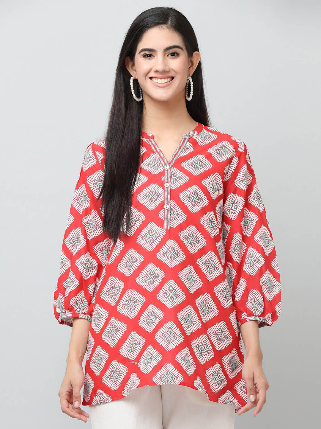 SAVI Red Geometric Printed Mandarin Collar Tunic