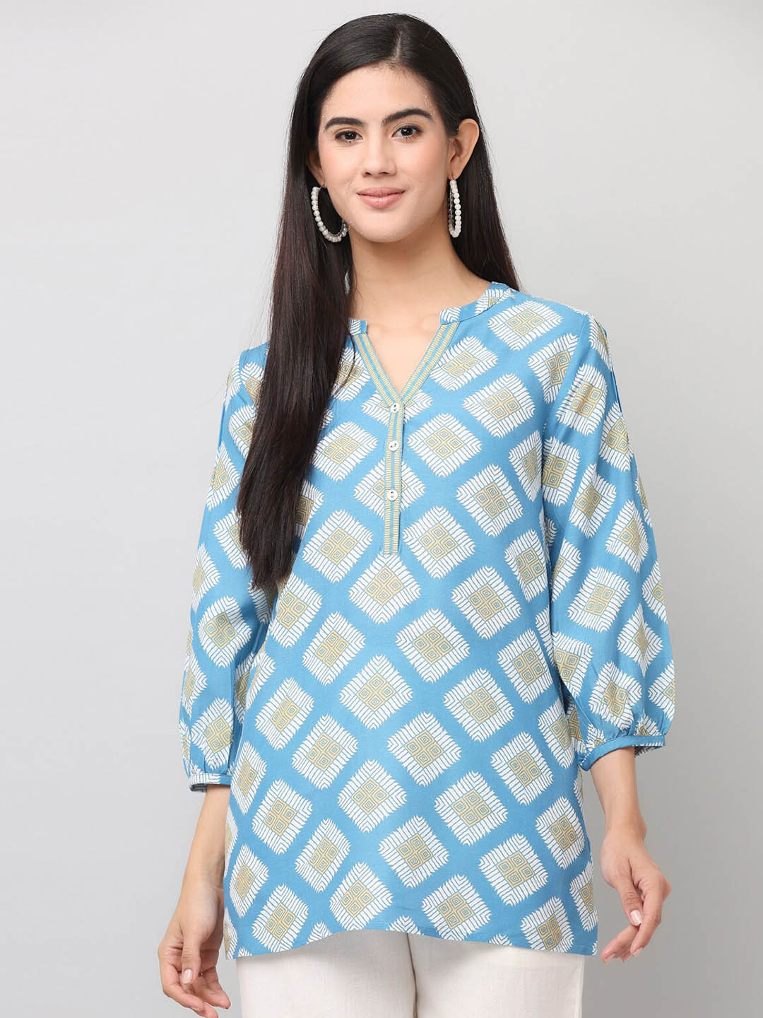 SAVI Geometric Print Mandarin Collar Puff Sleeve Tunic