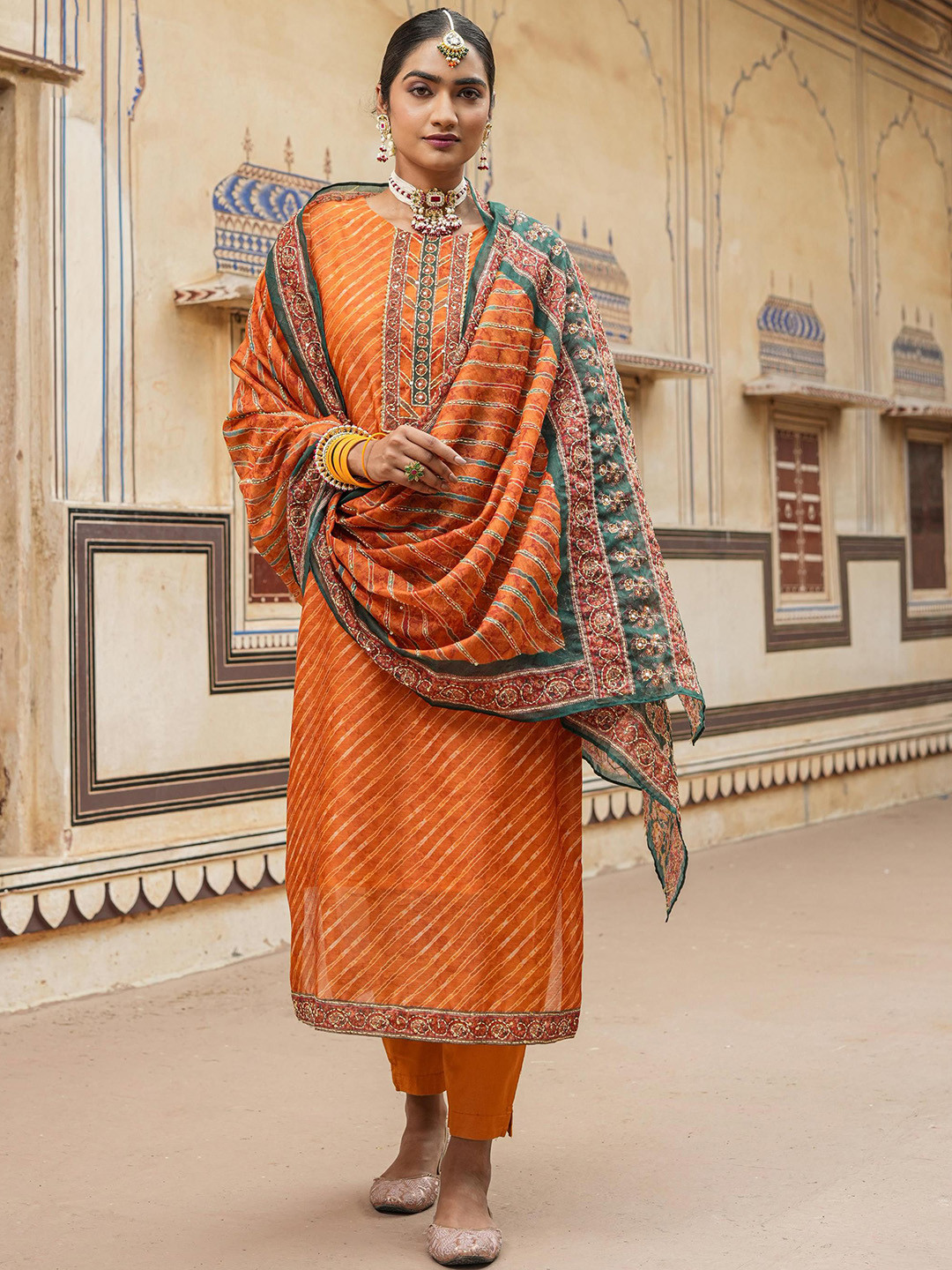 SCAKHI Leheriya Printed Thread Work Chanderi Silk Straight Kurta with Trouser With Dupata