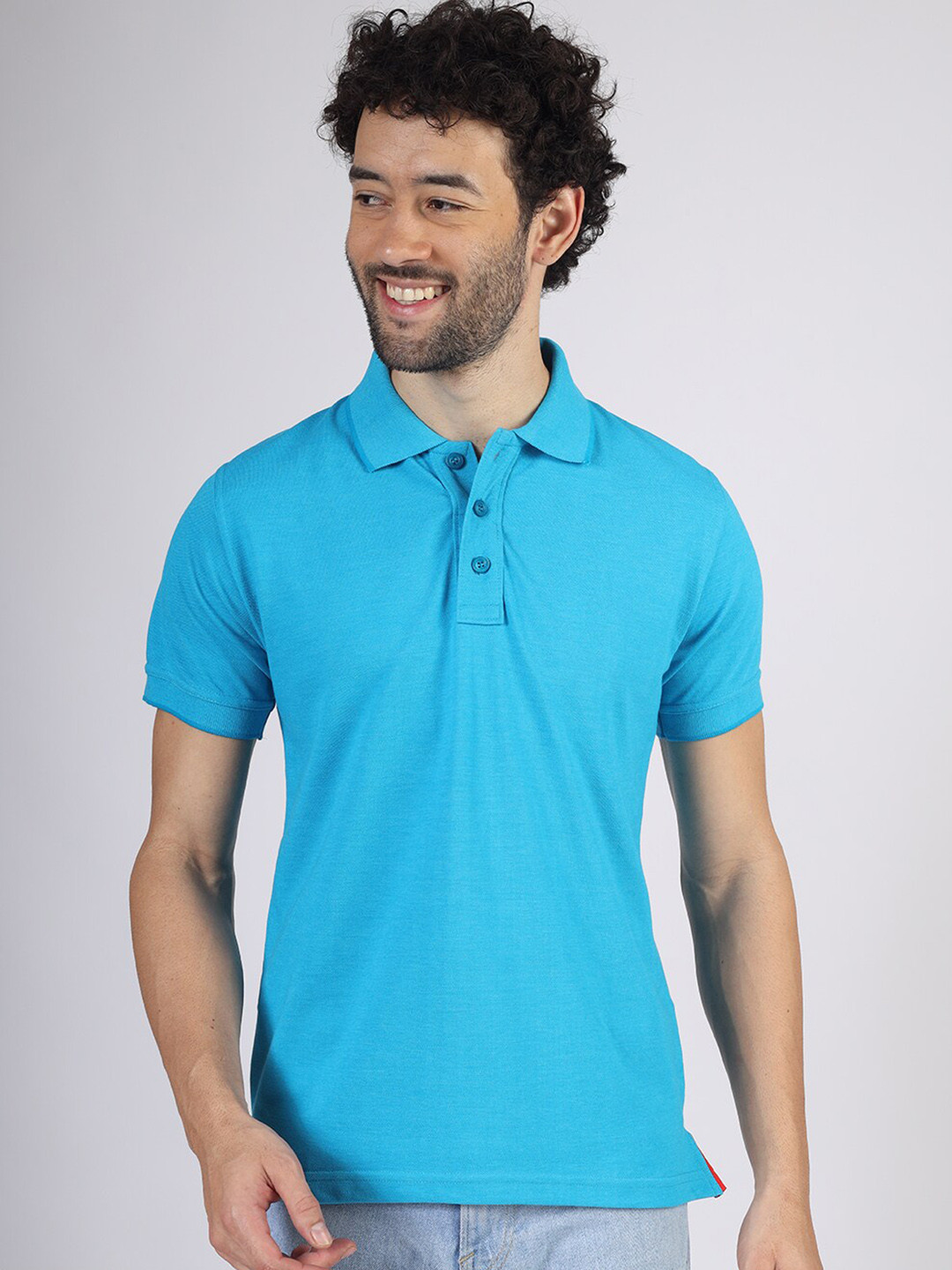 Greylongg Men Solid Blue Cotton Regular Fit Polo T-shirt