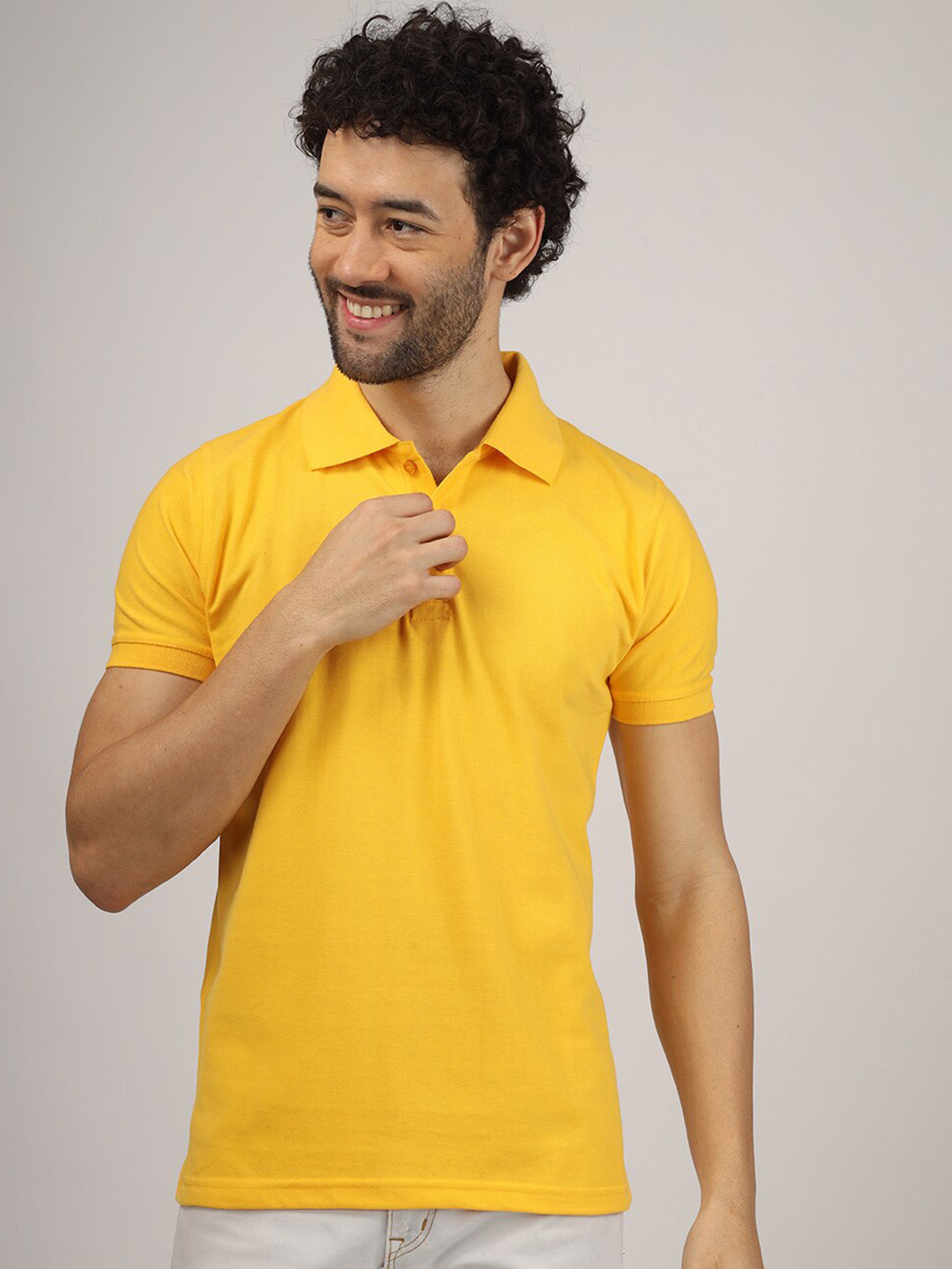 Greylongg Men Solid Yellow Cotton Regular Fit Polo T-shirt