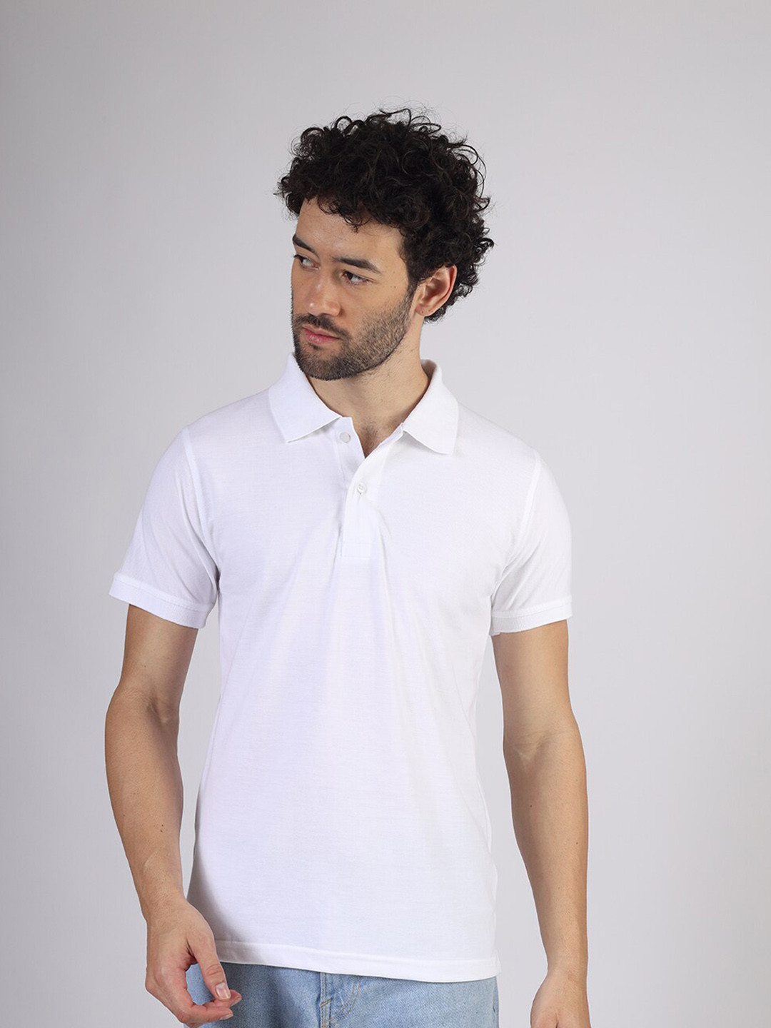 Greylongg Men Solid White Cotton Regular Fit Polo T-shirt