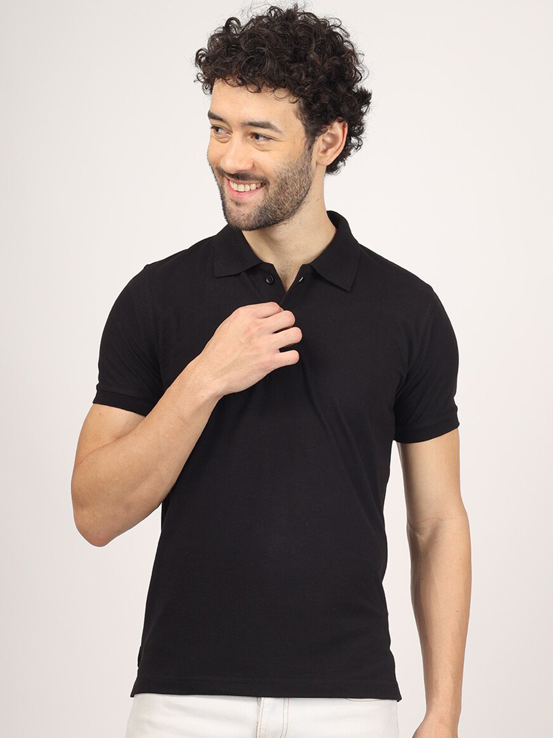 Greylongg Men Solid Black Cotton Regular Fit Polo T-shirt
