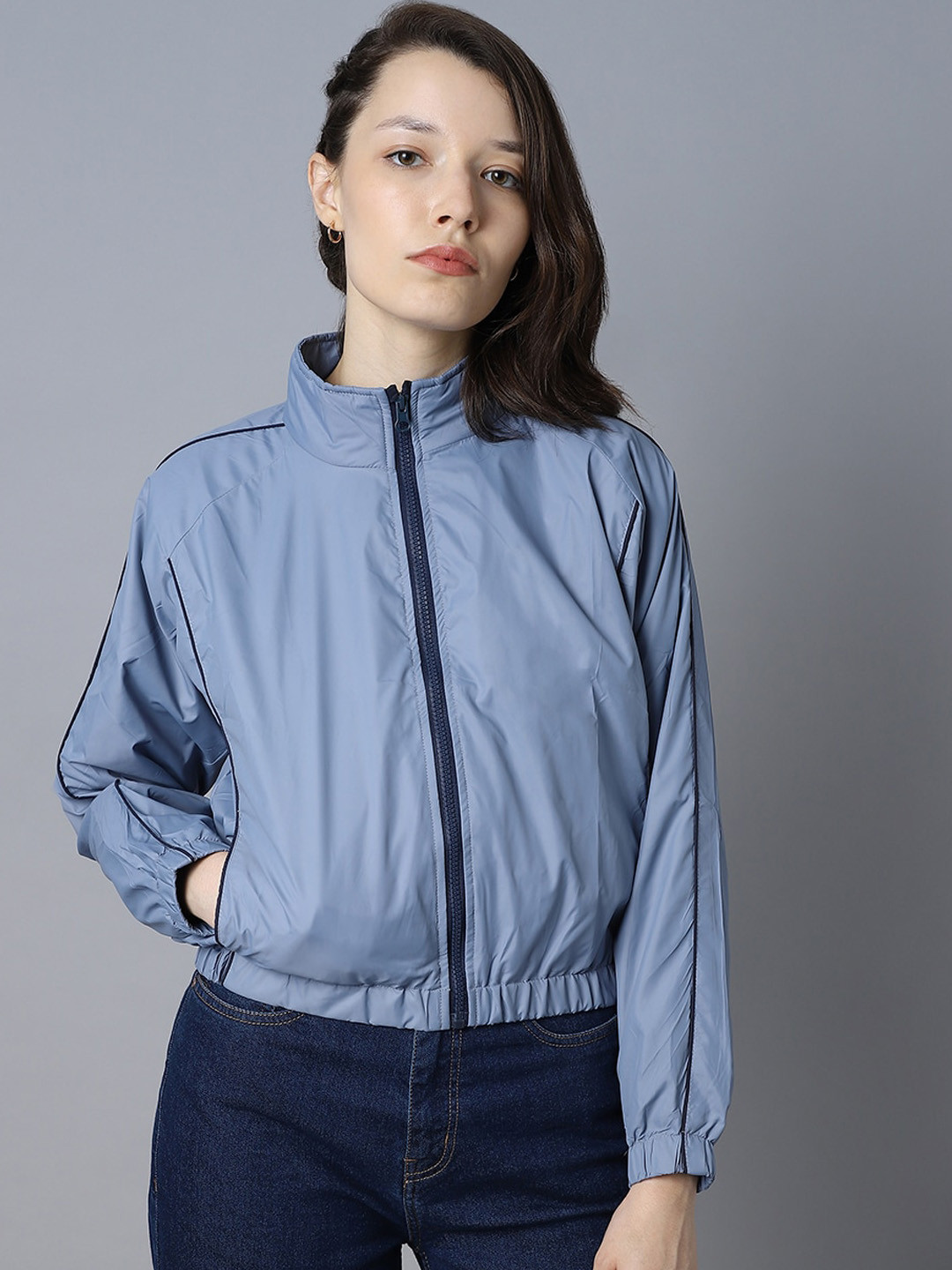 High Star Mock Collar Long Sleeves Windcheater Crop Bomber Jacket