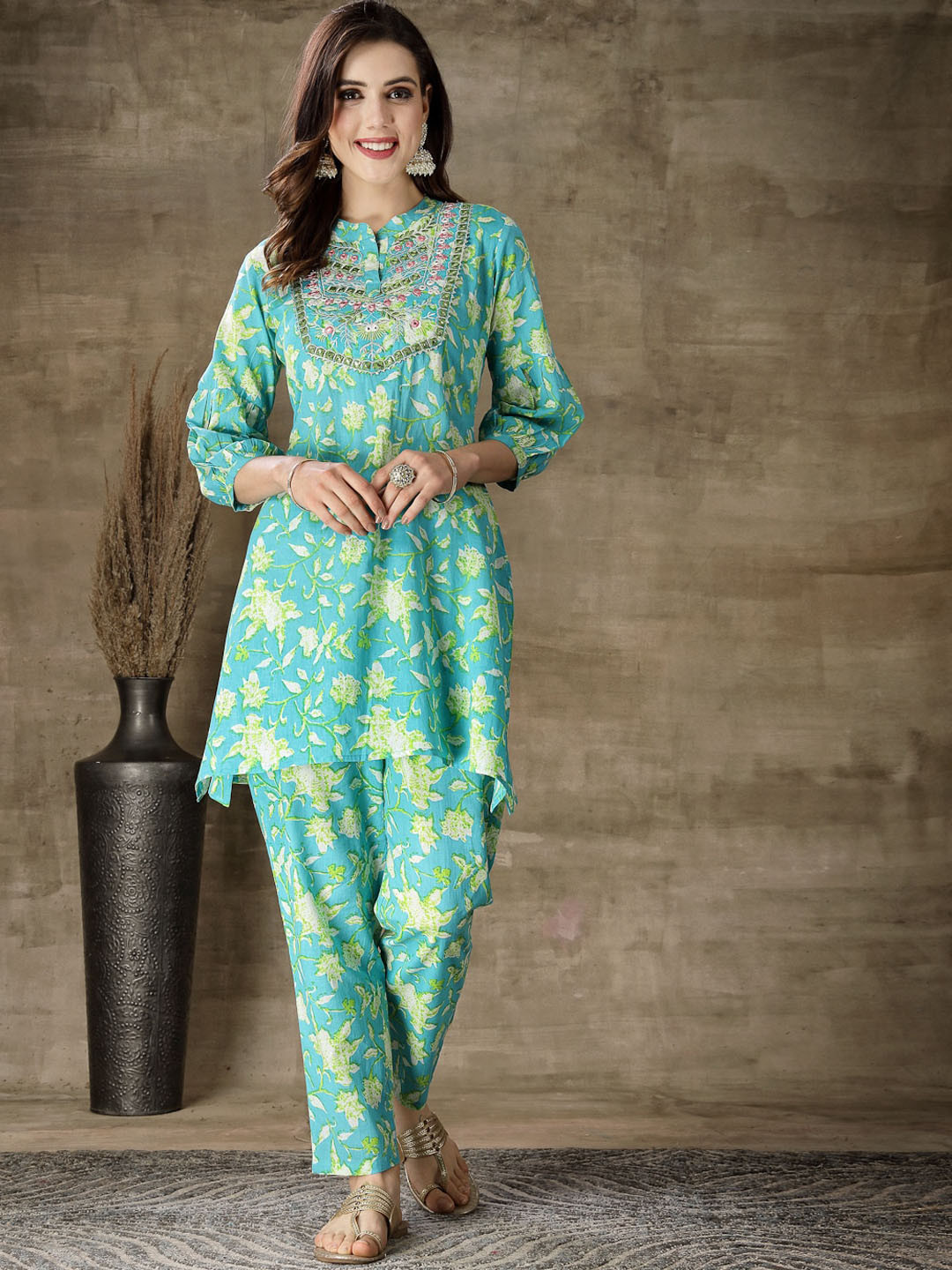 Stylum Floral Printed Thread & Mirror Work AsymmA-Line Pure Cotton Kurta With Trouser
