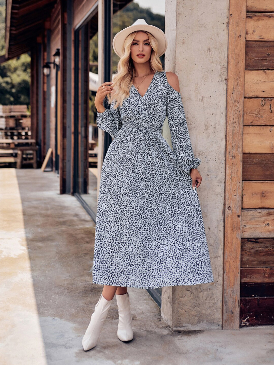 StyleCast Navy Blue Floral Print Maxi Midi Dress