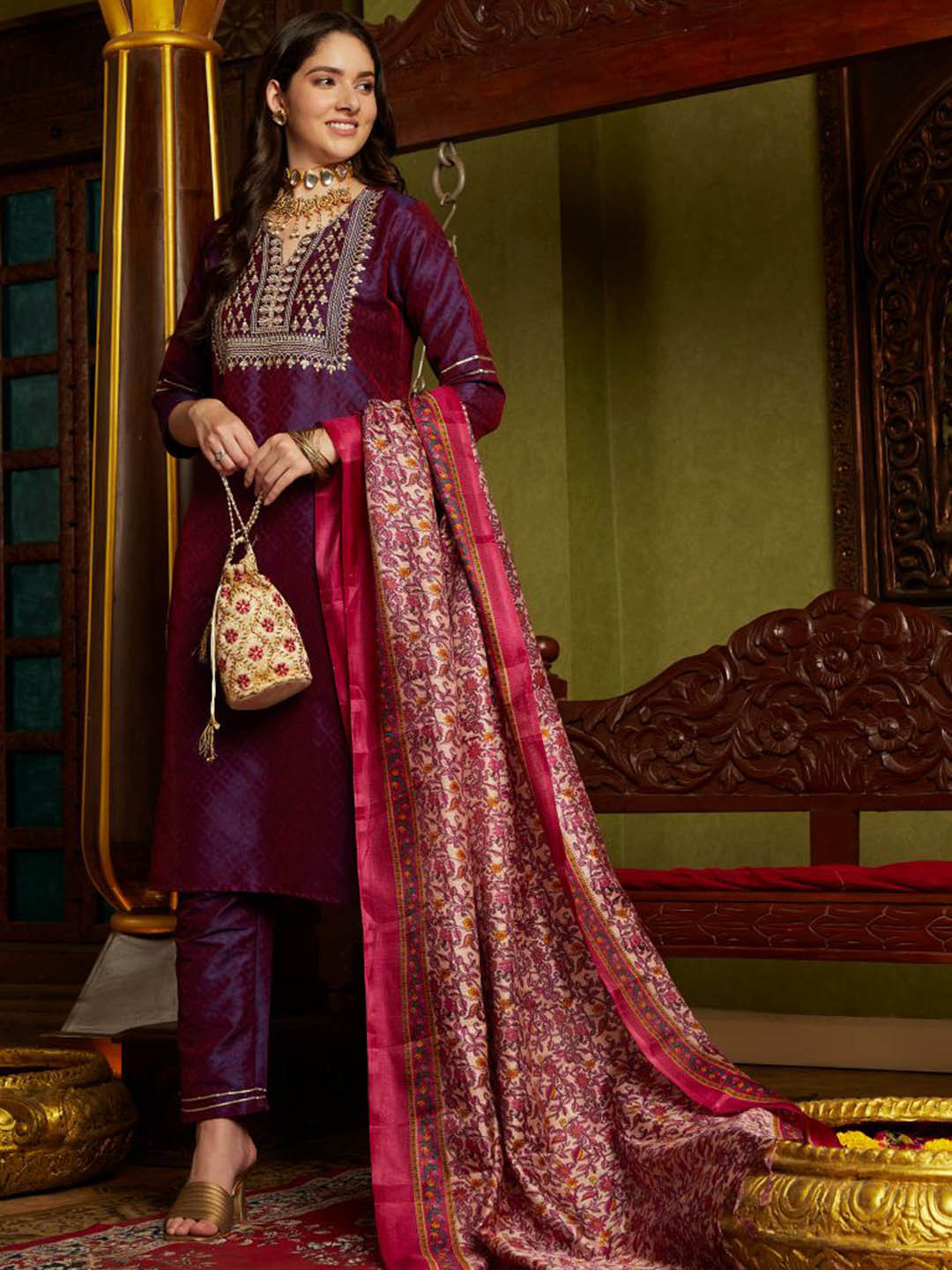 Sangria Purple Ethnic Motifs Embroidered Straight Kurta & Trouser With Dupatta