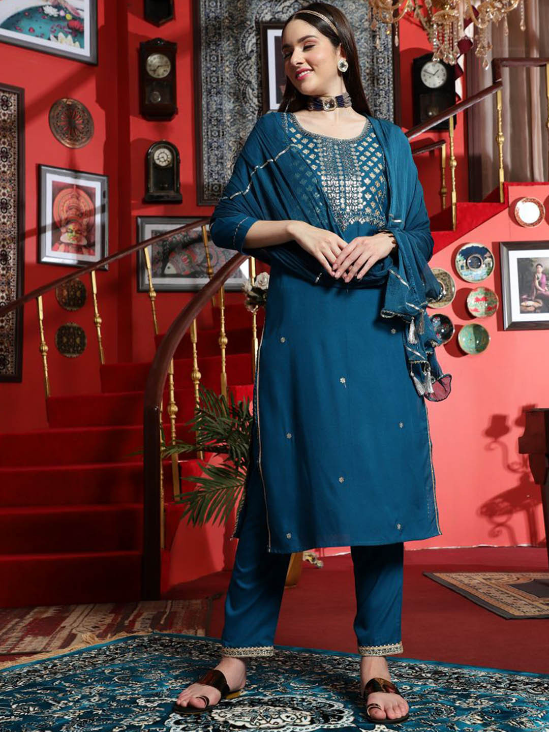 Sangria Teal Ethnic Motifs Embroidered Gotta Patti Straight Kurta & Trouser With Dupatta