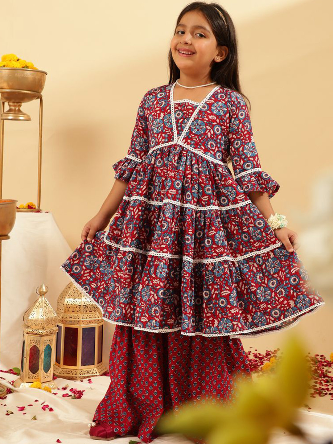 Sangria Girls Floral Printed Pure Cotton A-Line Kurta With Sharara