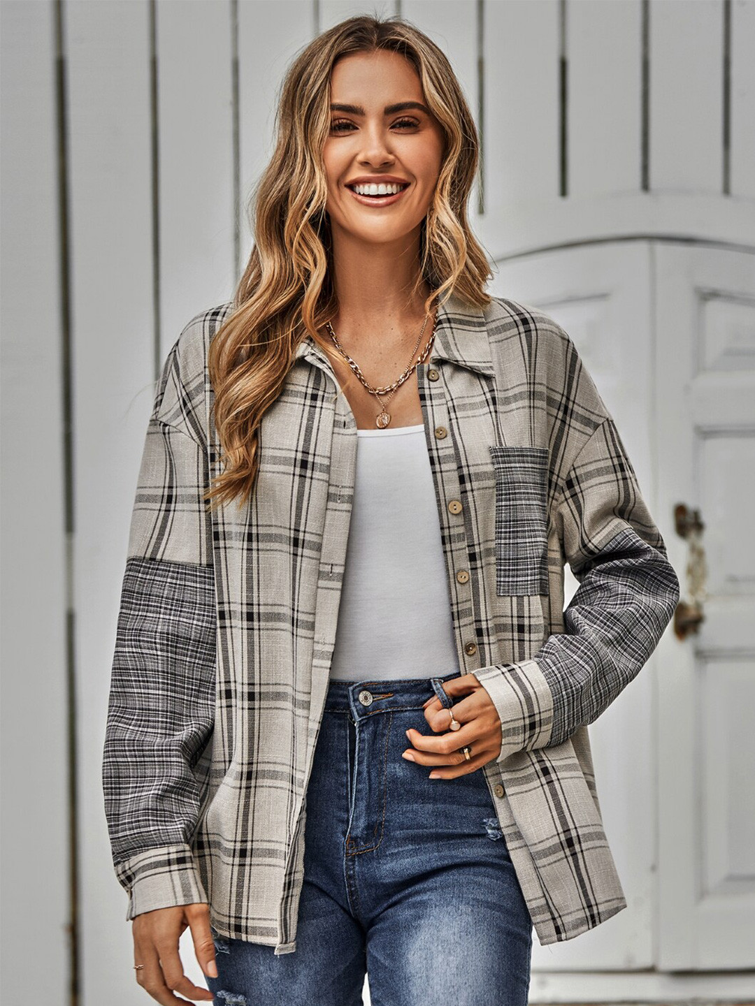 StyleCast Grey Checked Shirt Style Top