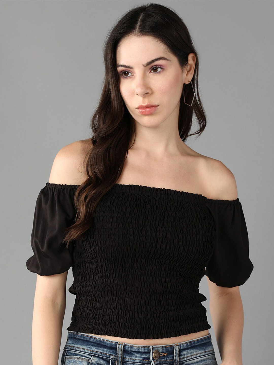 Roadster Off-Shoulder Smocked Bardot Crop Tops