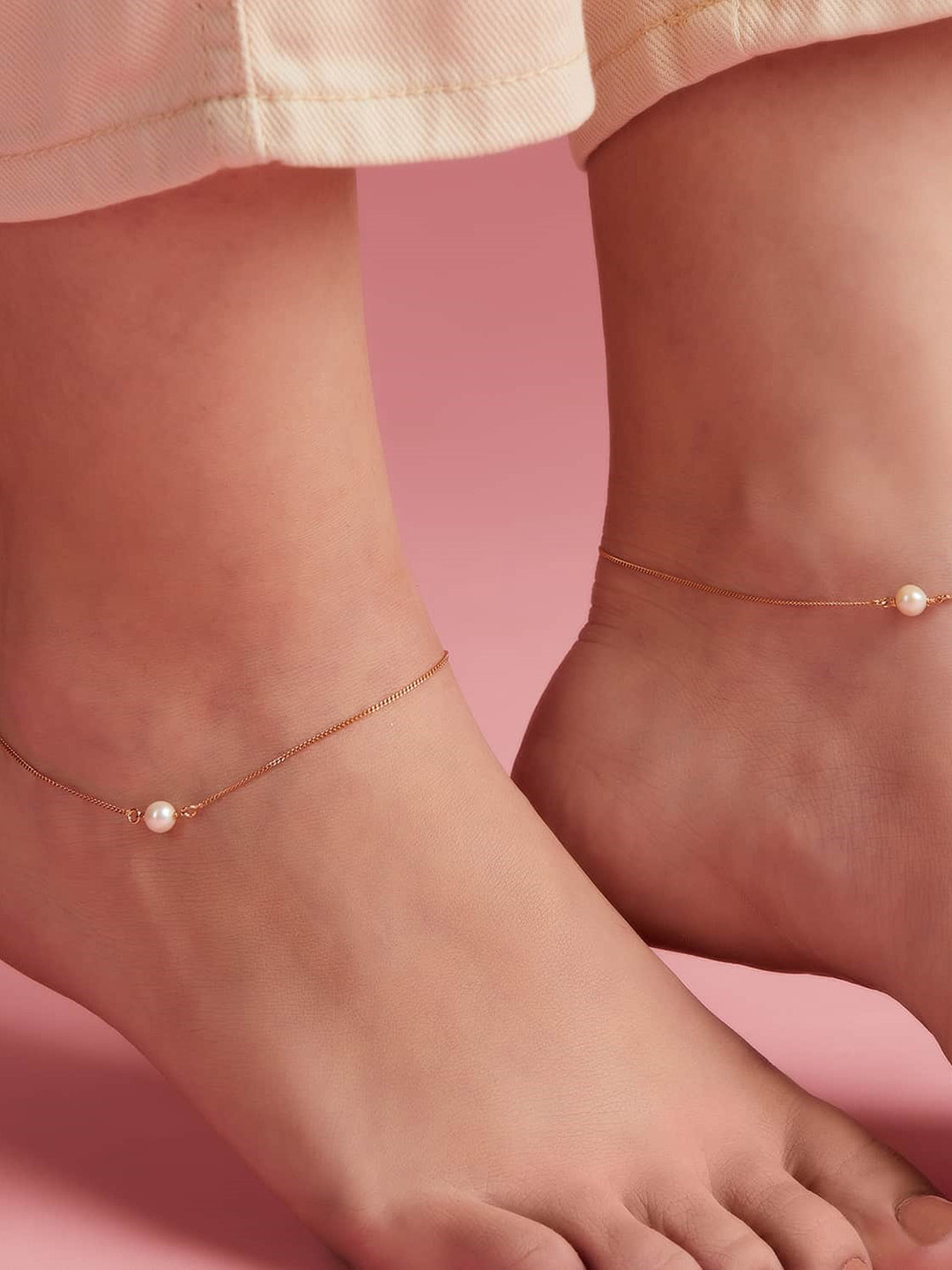 Zavya 925 Sterling Silver Rose Gold Plated Pearl Charm Anklets