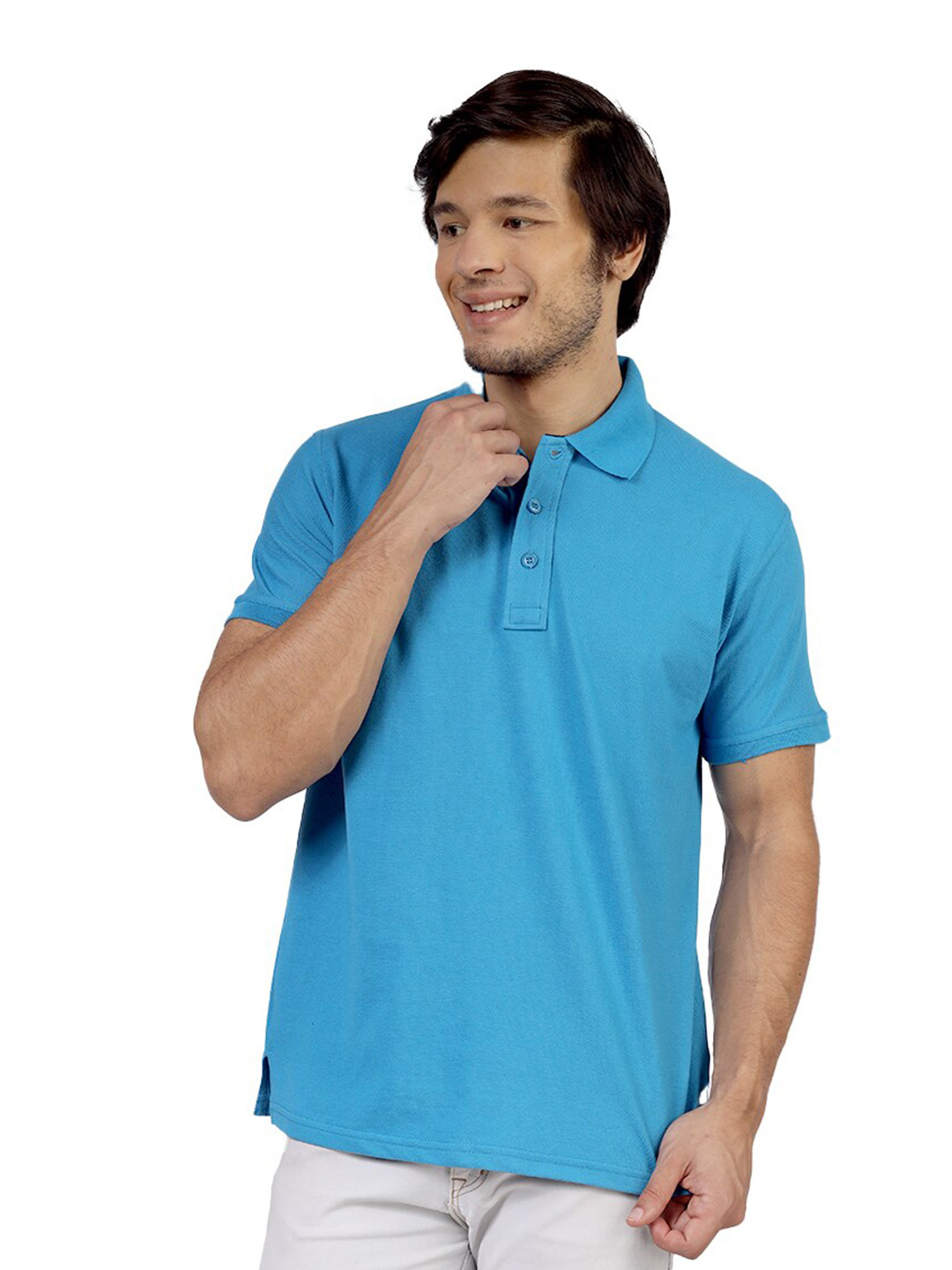 Greylongg Men Solid Turquoise Cotton Regular Fit Polo T-shirt