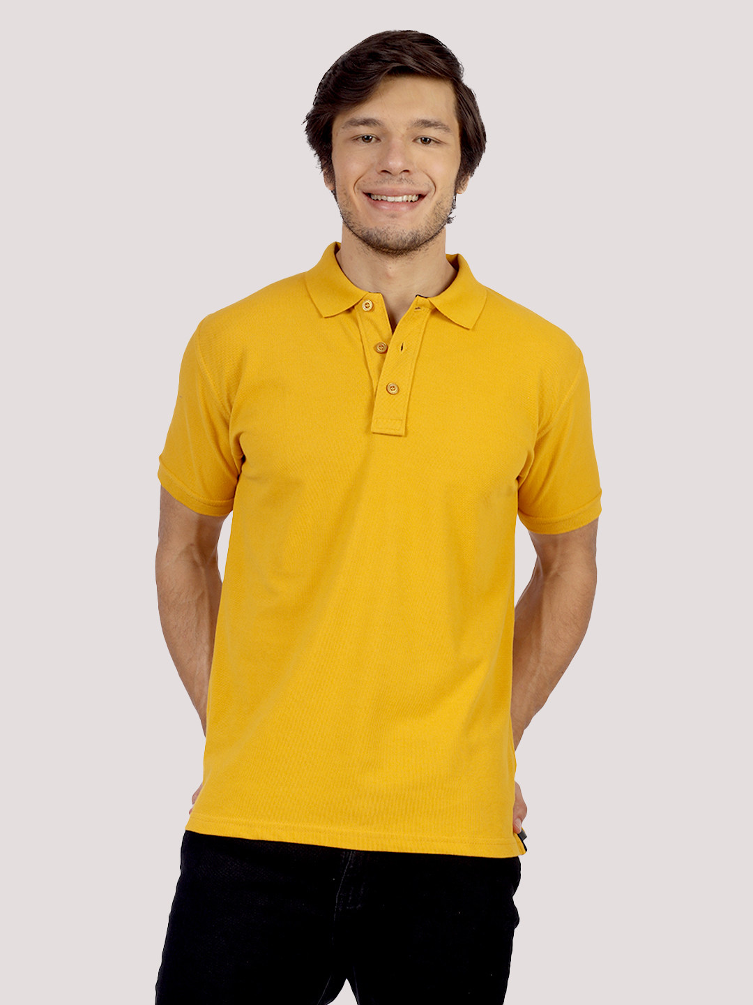 Greylongg Men Solid Mustard Cotton Regular Fit Polo T-shirt