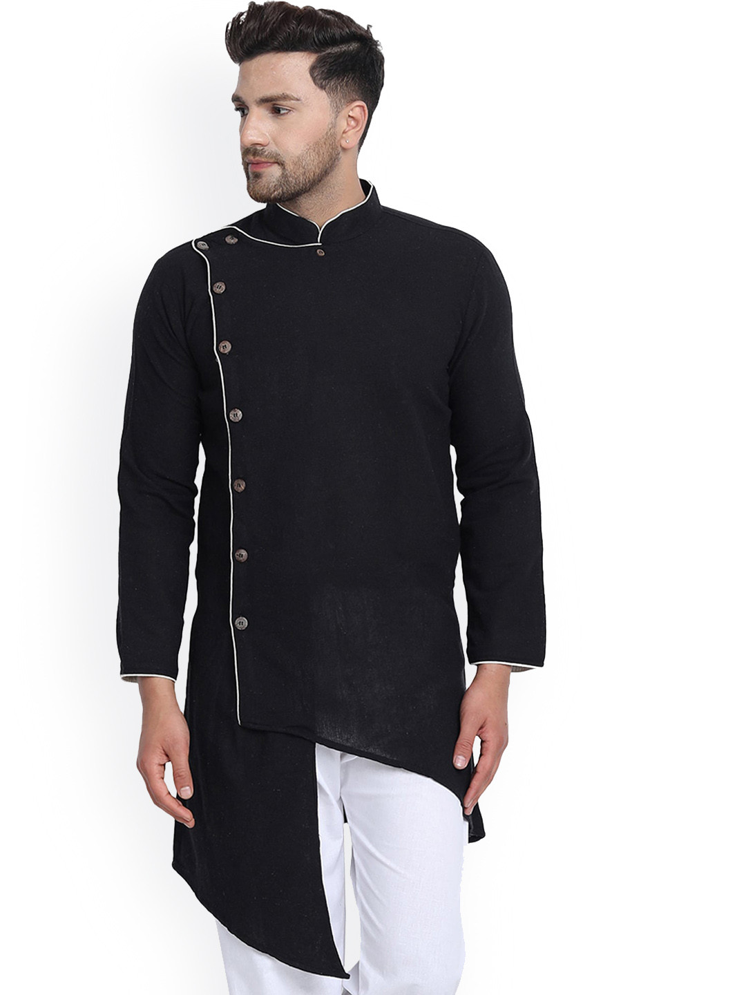 Enciger Men Black Flared Sleeves Thread Work Handloom Kurta