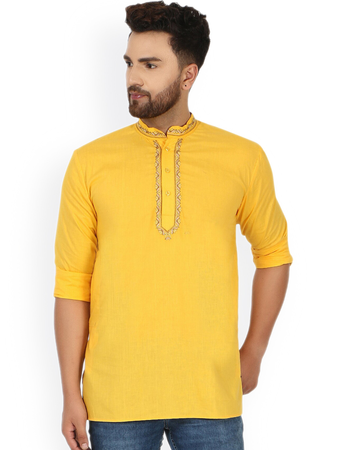 Enciger Mandarin Collar Long Sleeve Thread Work Cotton Straight Kurta