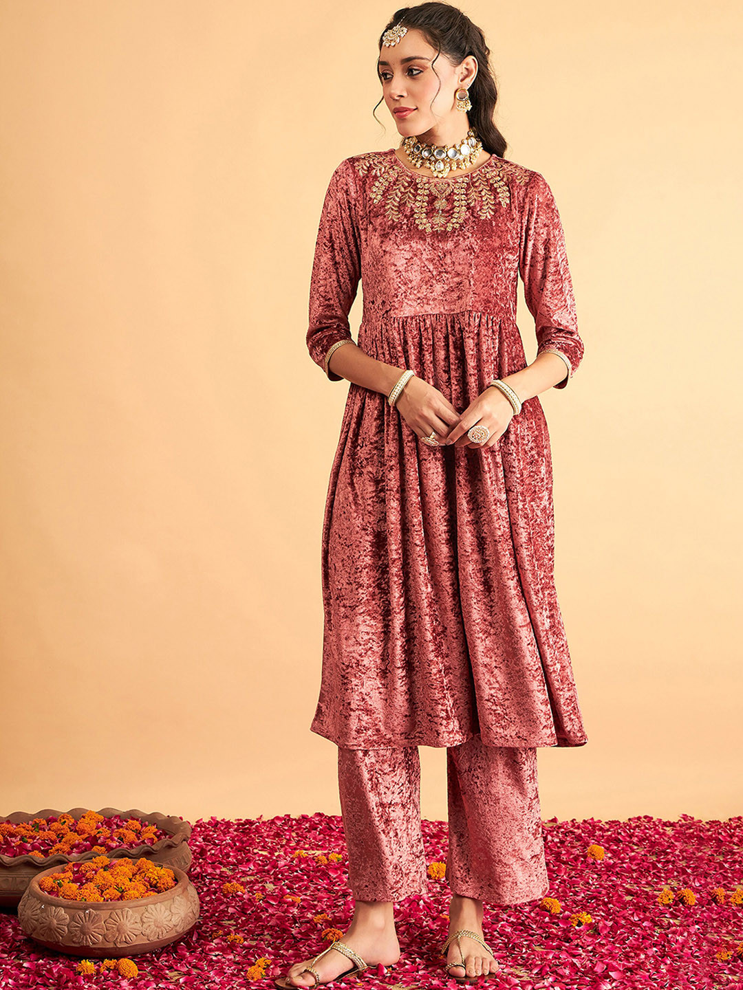 Shae by SASSAFRAS Pink Beads and Stones Velvet Anarkali Gathered Kurta