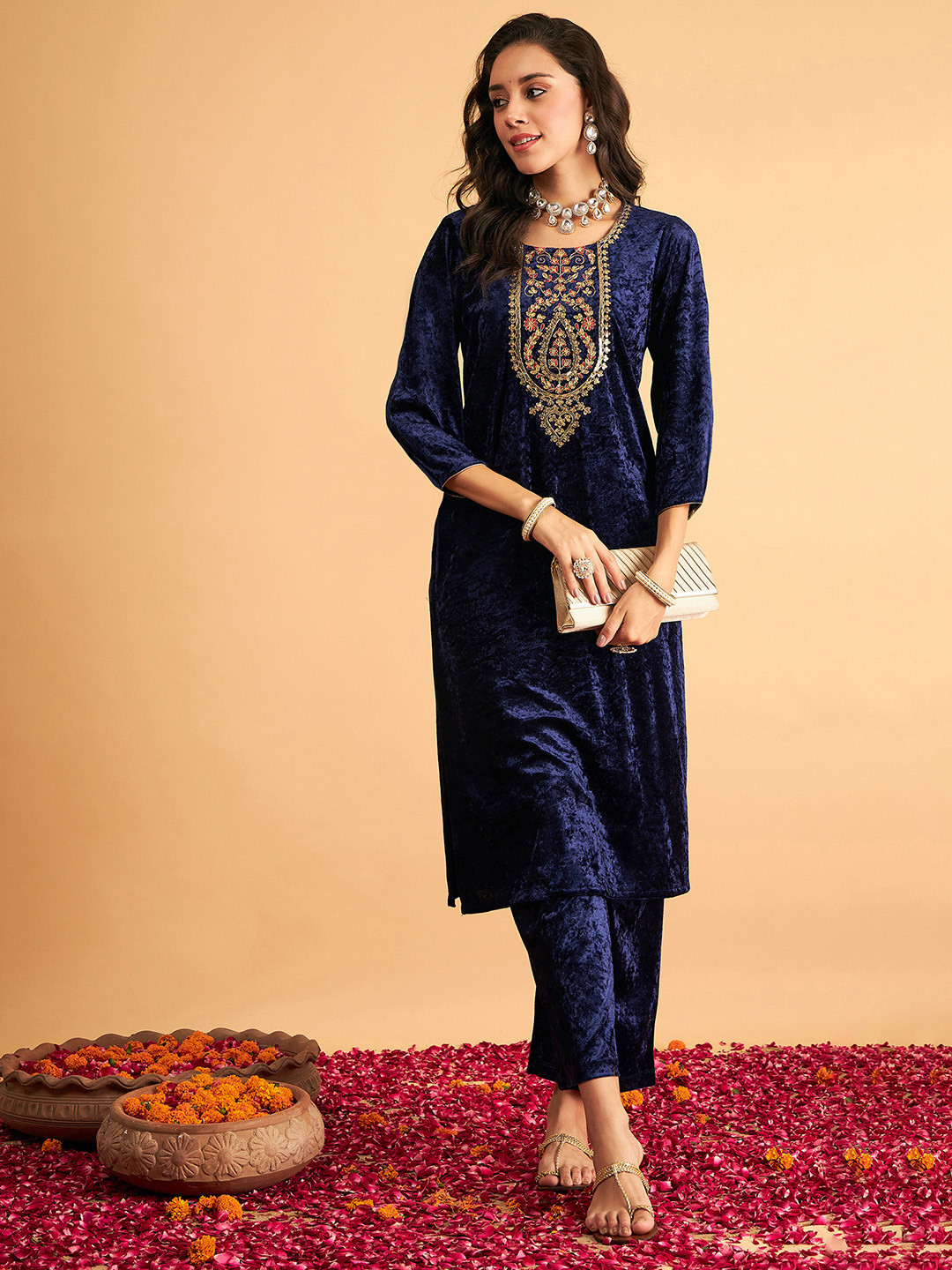 Shae by SASSAFRAS Navy Blue Floral Yoke Design Velvet Thread Work Kurta