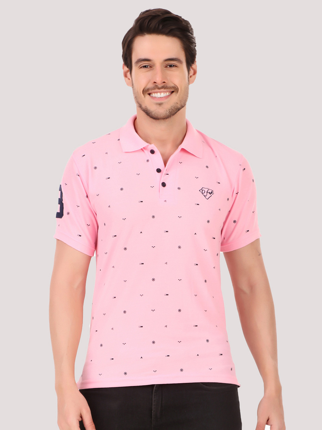 Greylongg Men Printed Pink Cotton Regular Fit Polo T-shirt