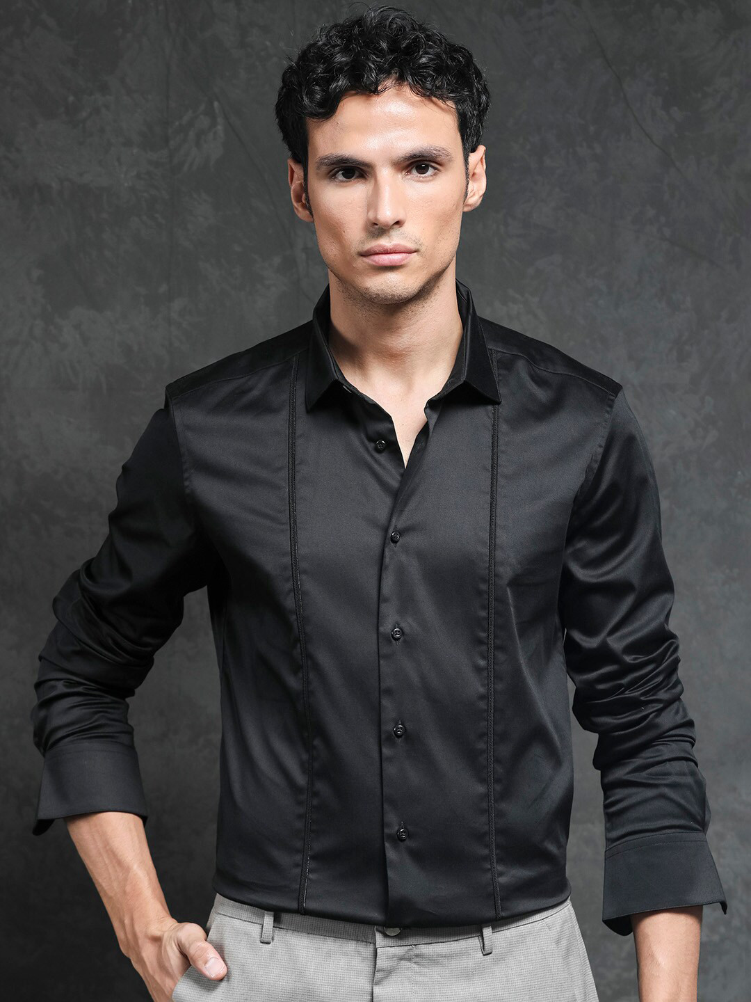 RARE RABBIT Men Liner Black Slim Fit Opaque Cotton Shirt