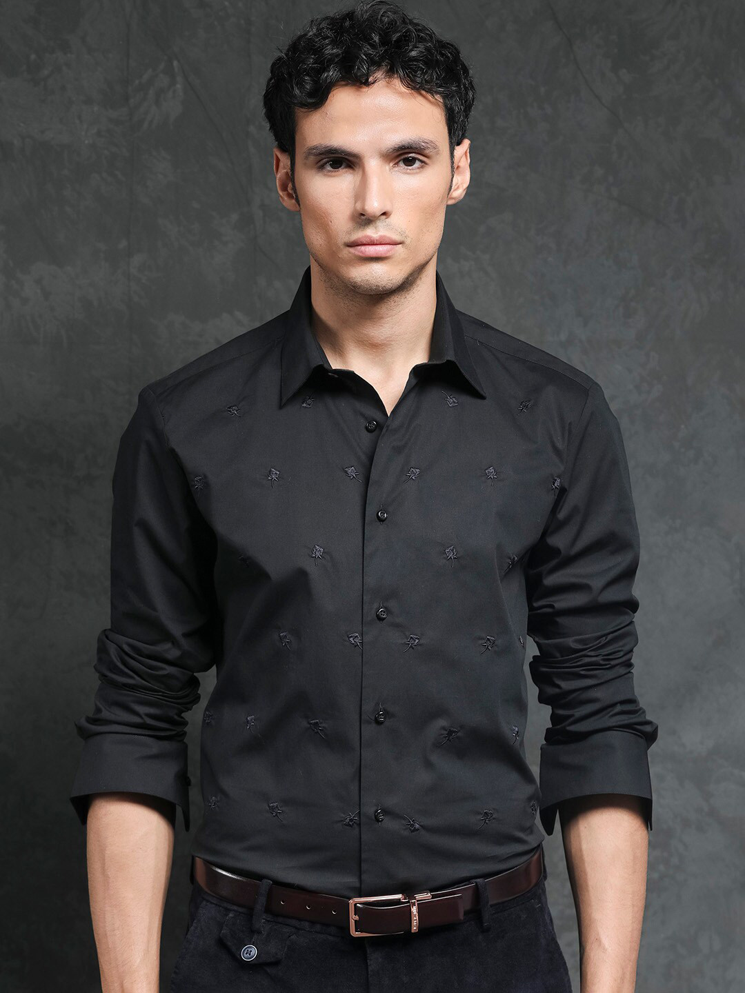 RARE RABBIT Men Roser Slim Fit Embroidered Cotton Shirt