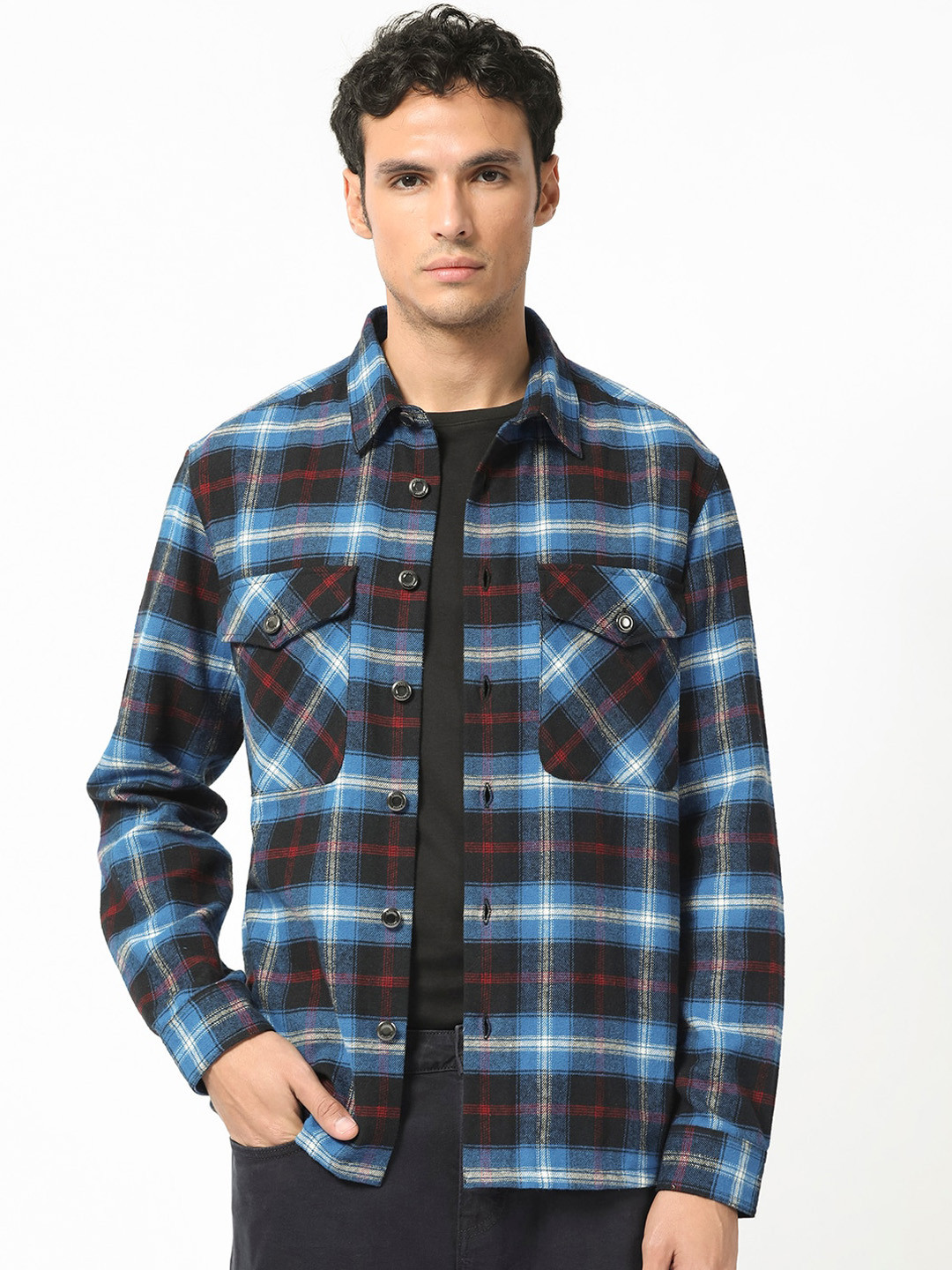 RARE RABBIT Men Bardot Tartan Checked Cotton Shacket